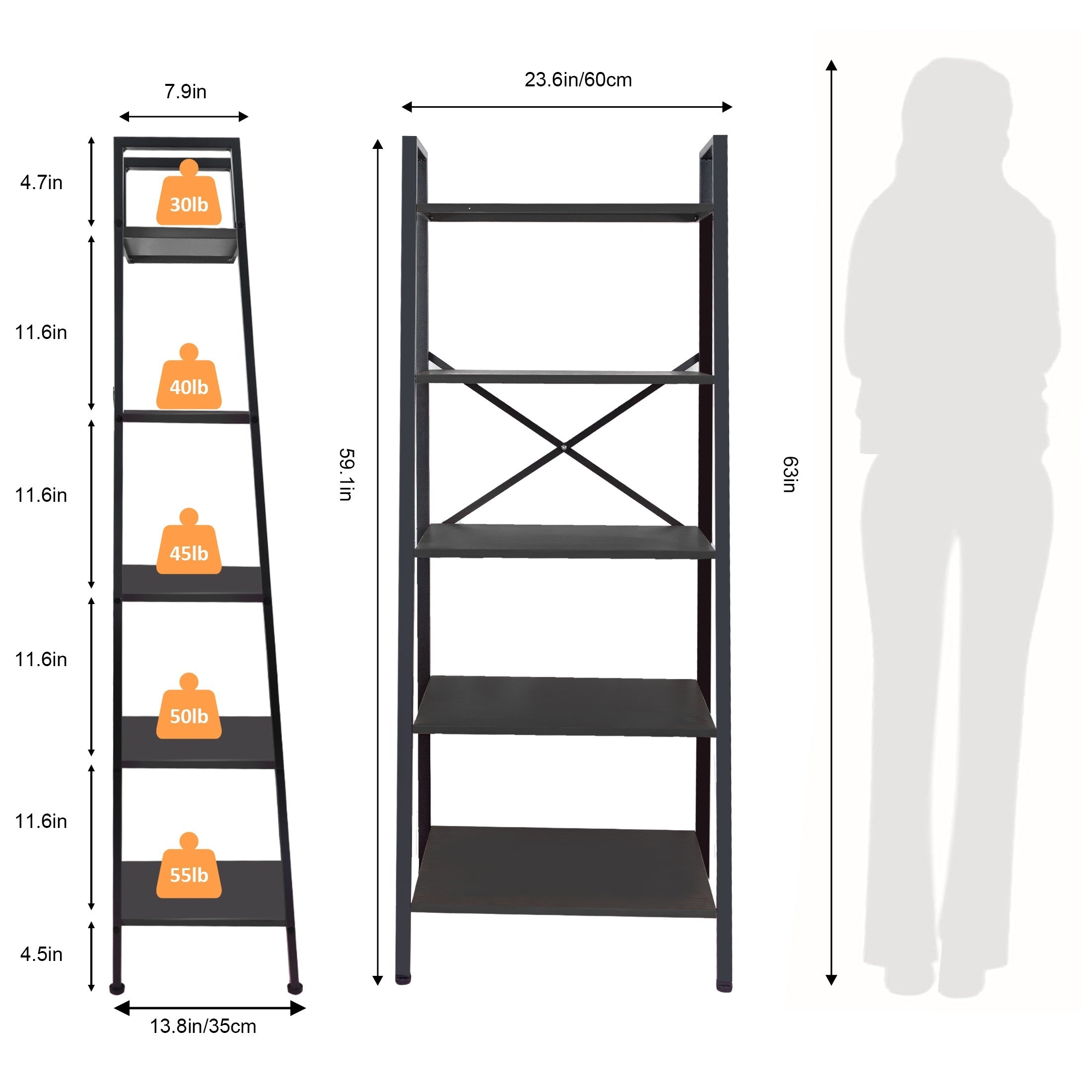 Ladder Shelf 5-Tier Free Standing Bookshelf With Adjustable Feet Metal Bookcase For Kitchen Bathroom Garage Small