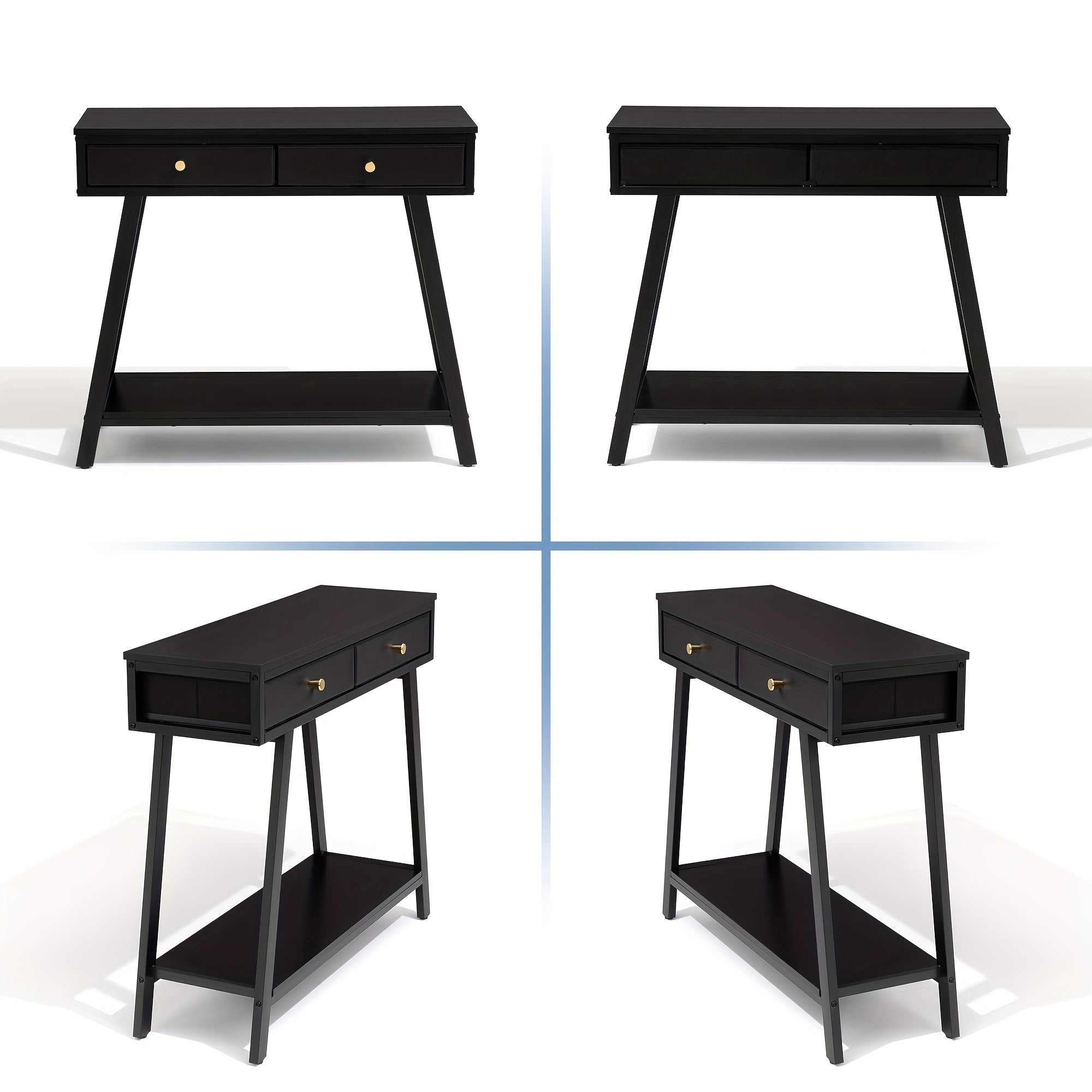 1pc Black 2-Tier Entryway Side Table, 2-Drawer Console Table