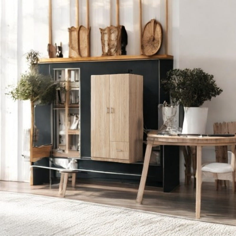 Double-Door Wardrobe with Hanging Rod 5 Fixed Shelves And 1 Storage Drawer for Ample Storage in Natural Finish