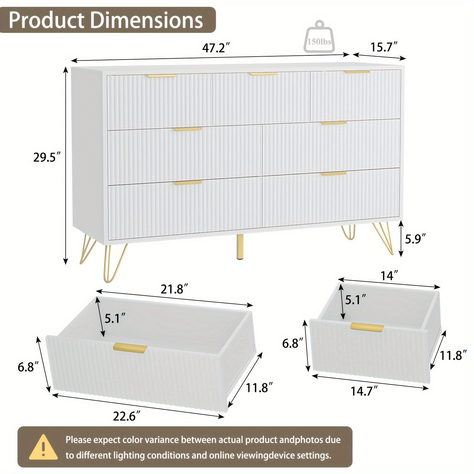 Modern Fluted Wood Dresser with Golden Handle 7 Drawers - White Storage Organizer for Bedroom Living Room Hallway