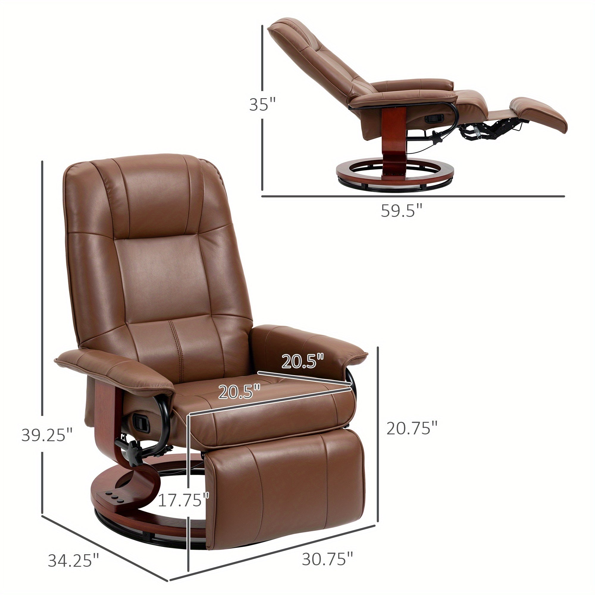 Brown Faux Leather Recliner - Adjustable Swivel Lounge Chair with Footrest, Armrests & Solid Wood Base for Living Room