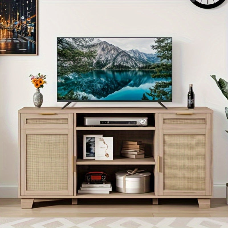 Stylish Rattan TV Cabinet with 2 Drawers, Boho- Chic Entertainment Center for 58" TVs