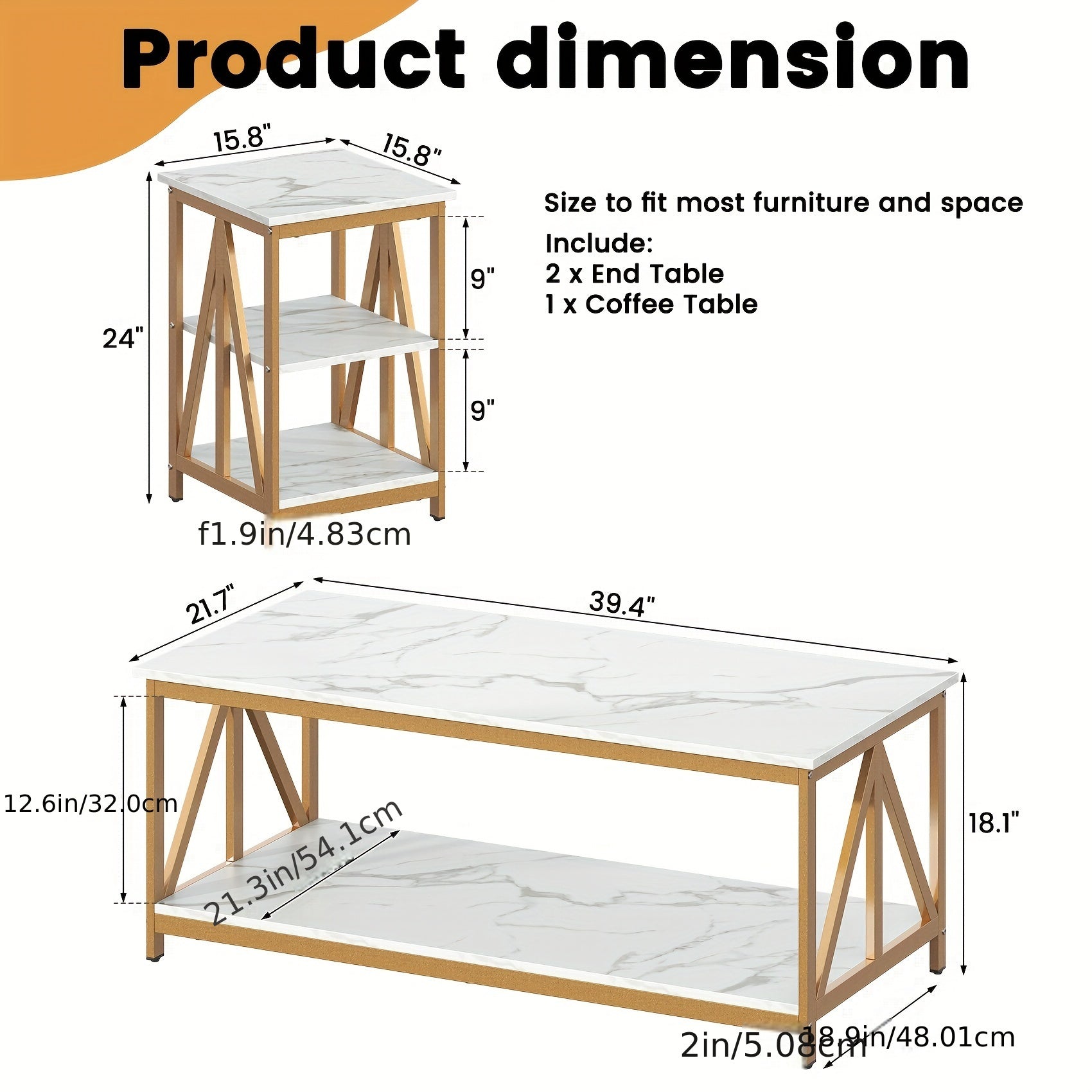 3 Pieces Living Room Table Set, Industrial Coffee Table With 2 Square End Side Tables, Coffee Table Set With Metal Frame For Apartment Home Office, Marble White