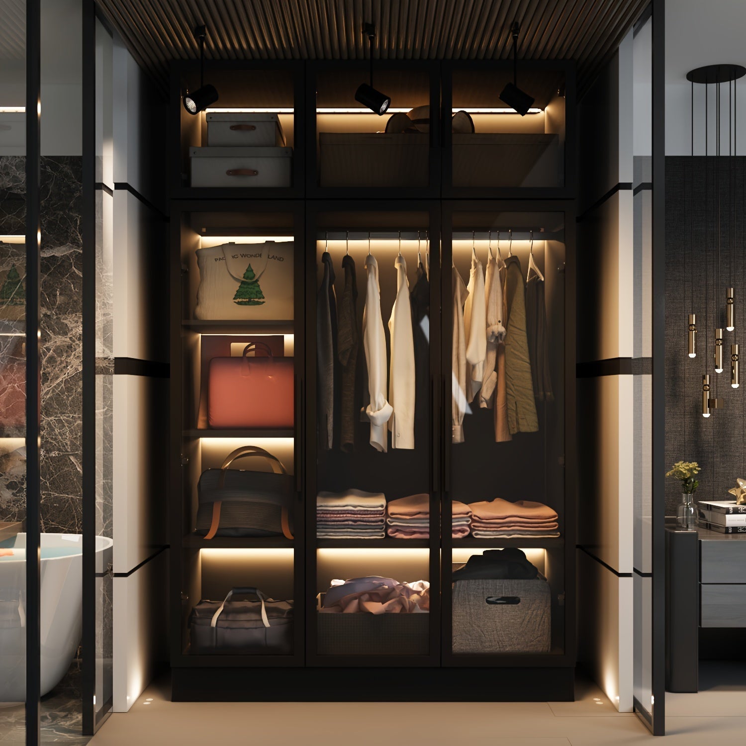 Three Door Armoire LED Light All Glass Door Closet Cabinet Wardrobe - Black - Wardrobe & Armoire’s Westberry Furniture