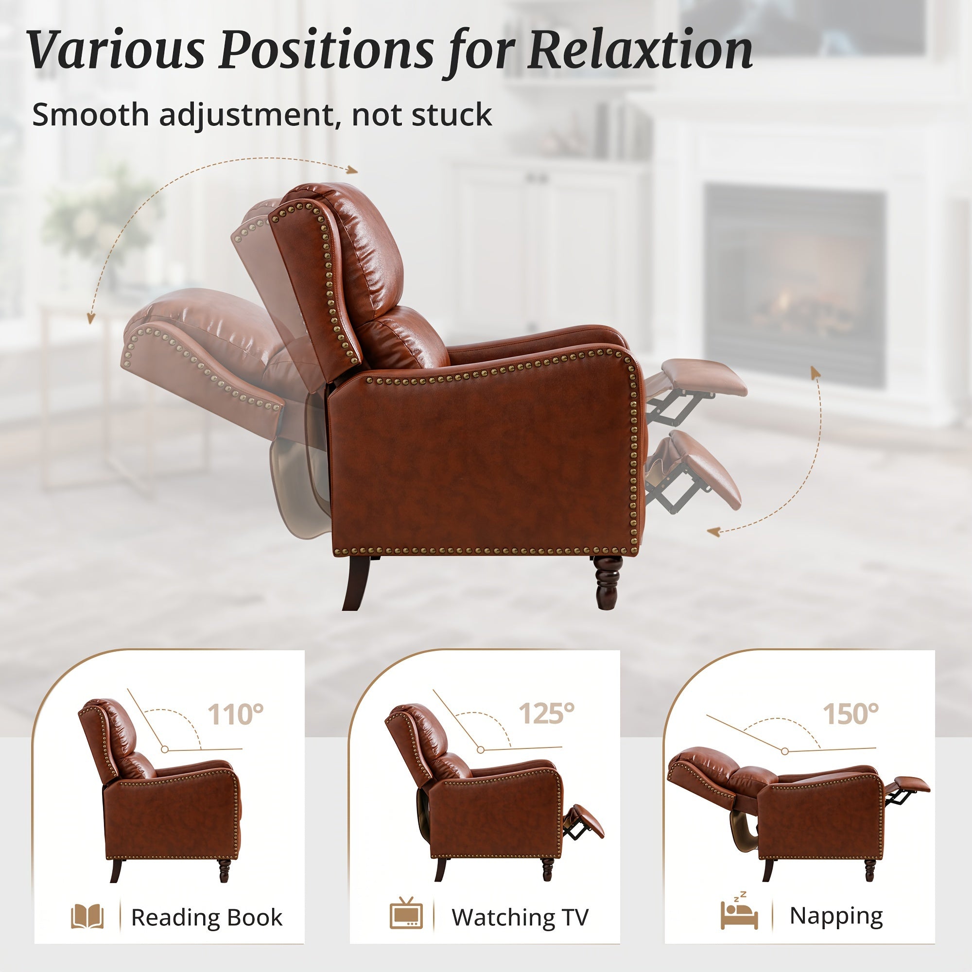 Push Back Recliner Chair In Faux Leather, Upholstered With Footrest, Modern Design For Bedroom, Small Spaces, And Living Room