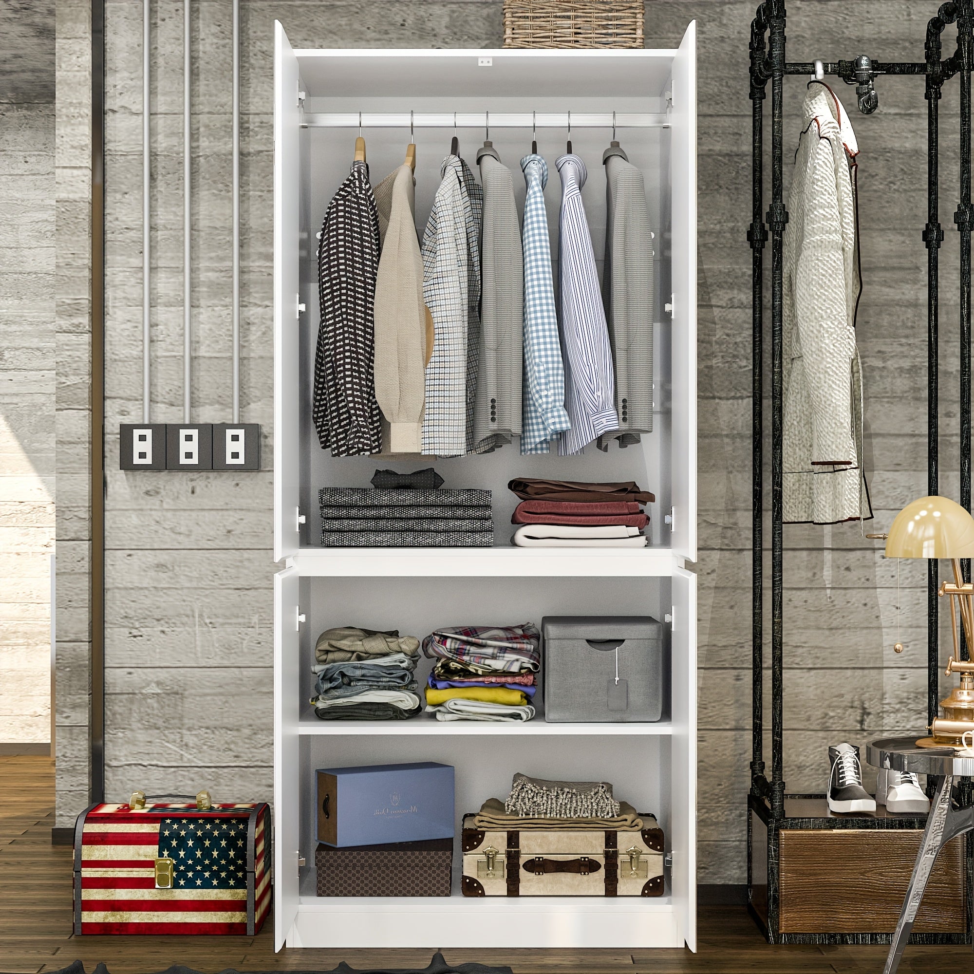 Modern Mirror Wardrobe Armoire, Wardrobe Armoire Closet With 4 Glass Full Length Mirror Doors And Hanging Rod, Clothes Storage Cabinet For Bedroom, White