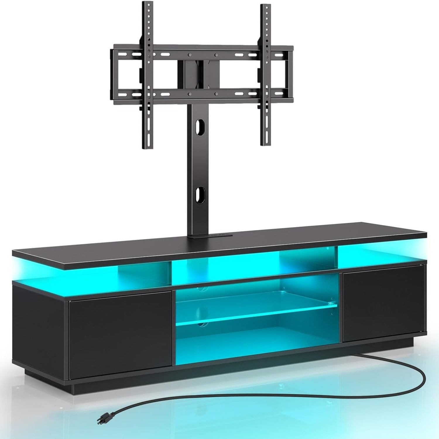 TV Stand with Mount and Power Outlet 51.2", Swivel TV Stand Mount for 32/ 45/ 55/ 60/ 65/ 70 inch TVs, Height Adjustable Modern Entertainment Center with Storage & LED Lights, TV Table