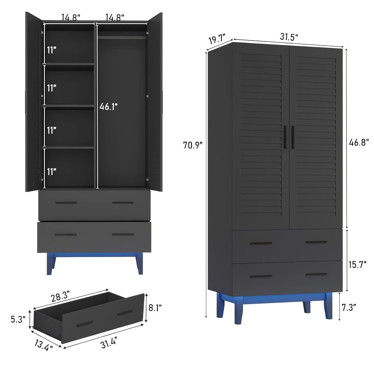 2 Door LED Wardrobe Closet Cabinet With Drawers, Multi-Tier Shelves, Hanging Rod & 2 Louver Doors, Large Capacity Storage Wardrobe Armoire For Bedroom