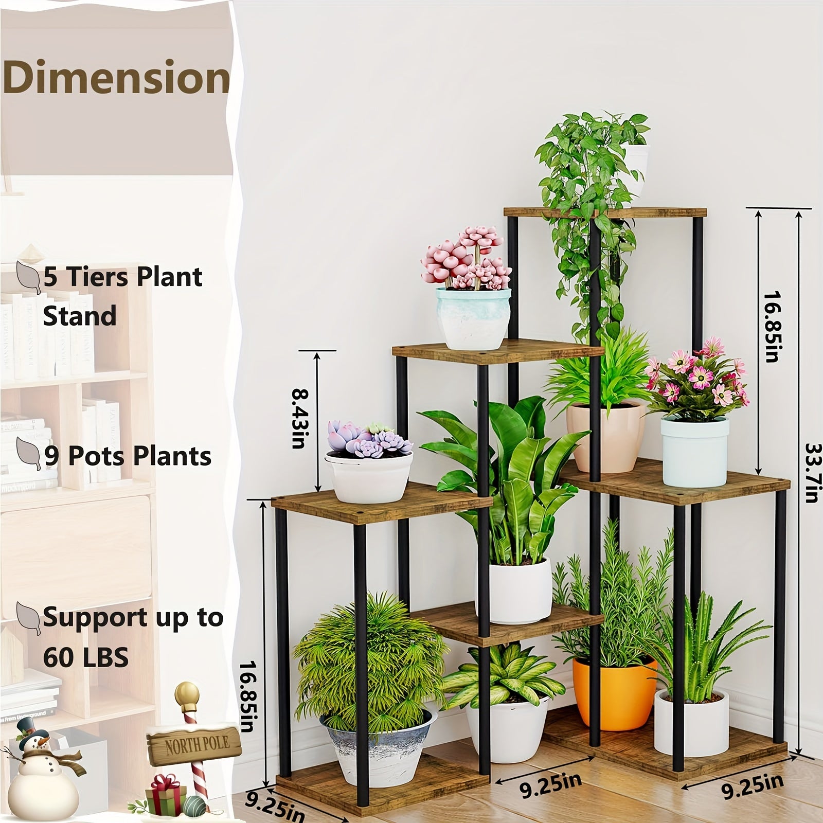 Plant Stand 5 Tier 9 Potted Indoor Corner Plant Shelf Flower Shelves Wooden Plant Stands Garden Plant Holder Rack for Living Room Corner Lawn Window