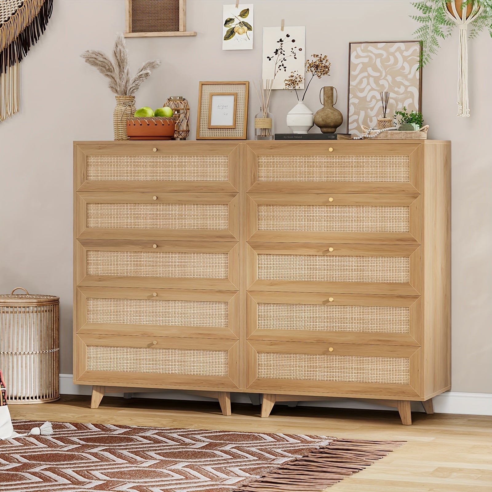 Rattan Vanity Dresser For Bedroom, 5 Drawer Dresser With Natural Rattan Drawers, Wooden Tall Dresser With Golden Handles, Modern Closet Dressers Chest Of Drawers For Nursery Entryway Living Room