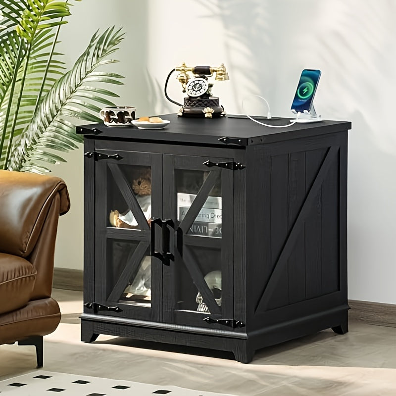 Farmhouse End Table With Charging Station, 24" Large Sofa Side Table With Glass Barn Door, Black Nightstand With Adjustable Storage Shelf, Wood Square Bedside Table For Living Room, Bedroom