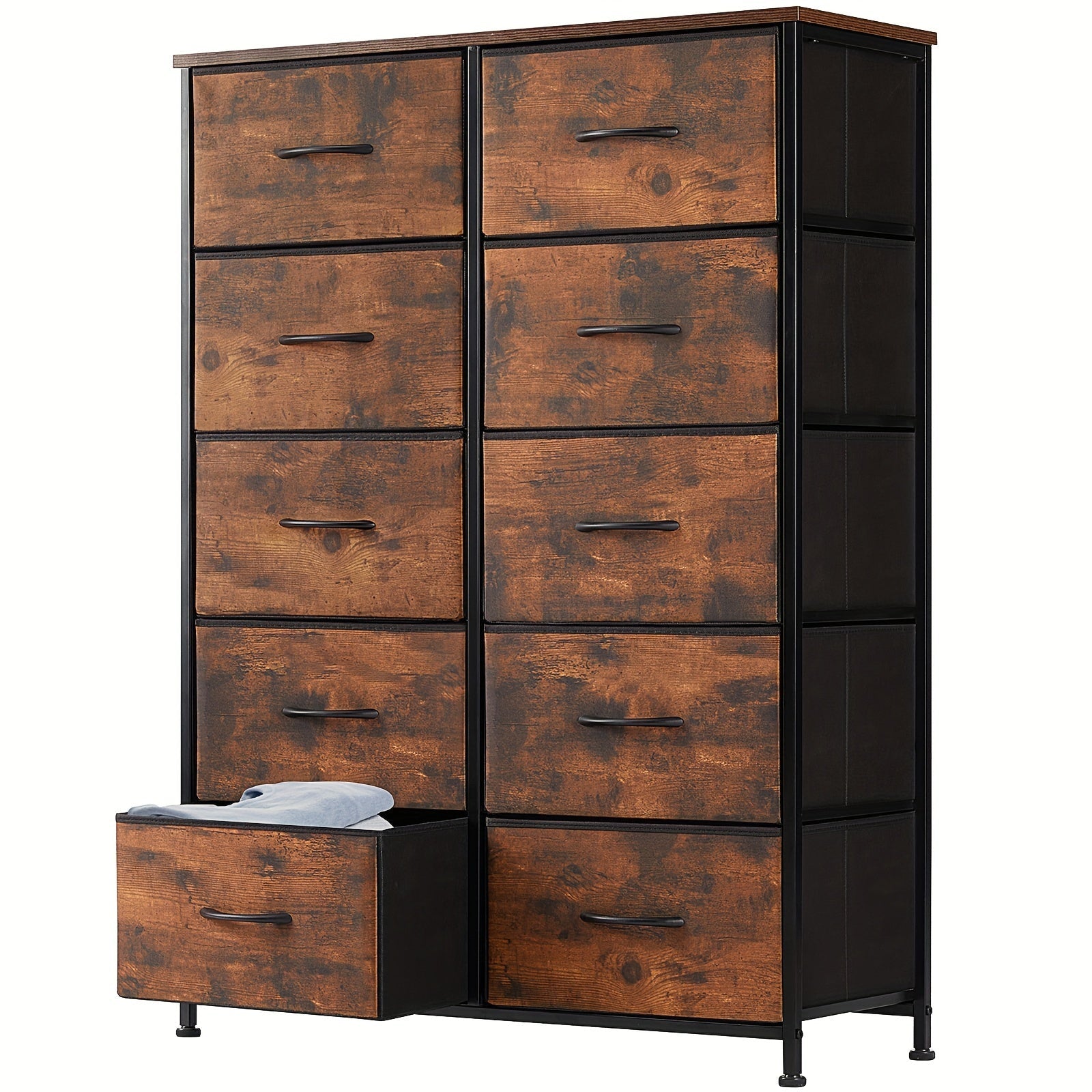 Tall Storage Drawers, Dresser for Bedroom, Fabric Storage Tower with 10 Drawers, Chest of Drawers with Fabric Bins, Sturdy Metal Frame, Wood Tabletop for Room, Closet, Entryway