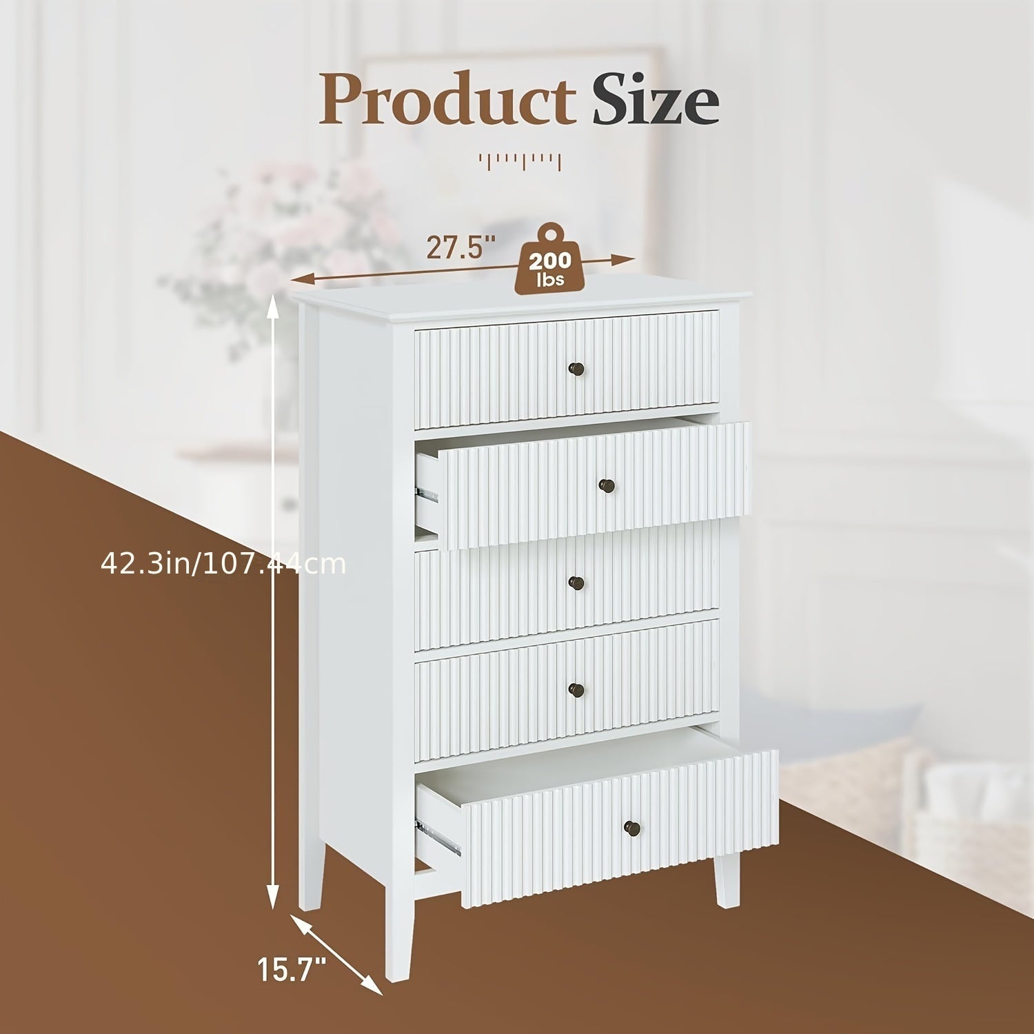 White Fluted 5 Drawer Dresser for Bedroom, Tall Chest of Drawers with Ball Bearing Slide, Waterproof Lacquered Desktop, Modern Wood Storage Cabinet for Living Room