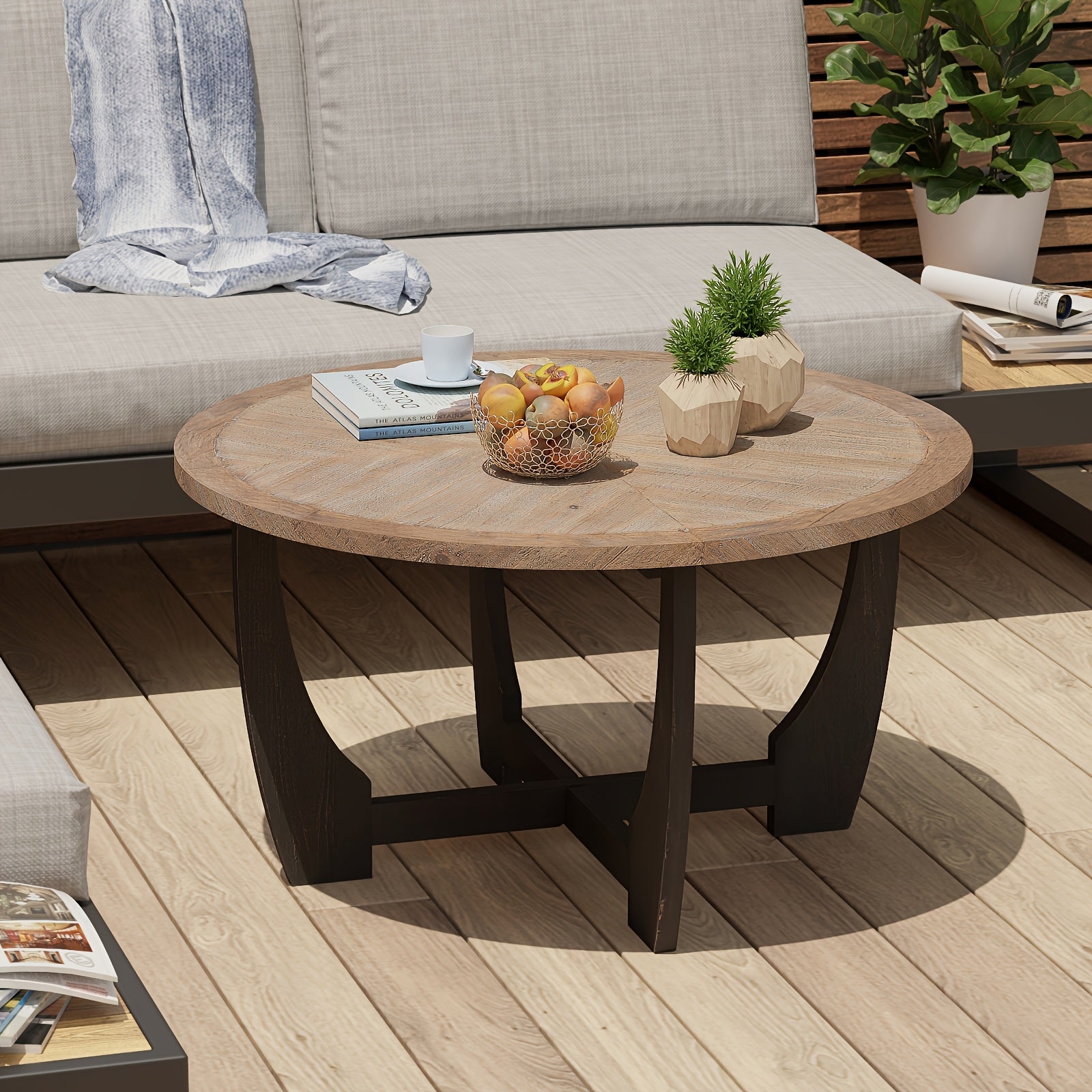 1pc Rustic Farmhouse Round Wooden Coffee Table with Crisscross Base - Safety Rounded Corners, Padded Feet, Distressed Finish for Outdoor Patio Furniture