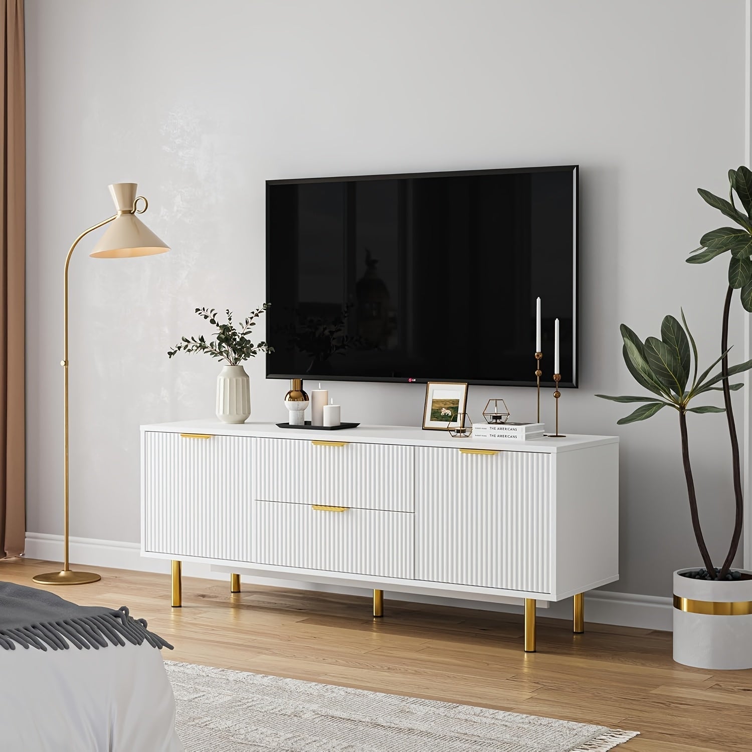 Modern White TV Stand for 65+ Inch TVs - Sleek Entertainment Center with Storage Cabinets, Corrugated Panels, and 2 Drawers & Doors, EUKER