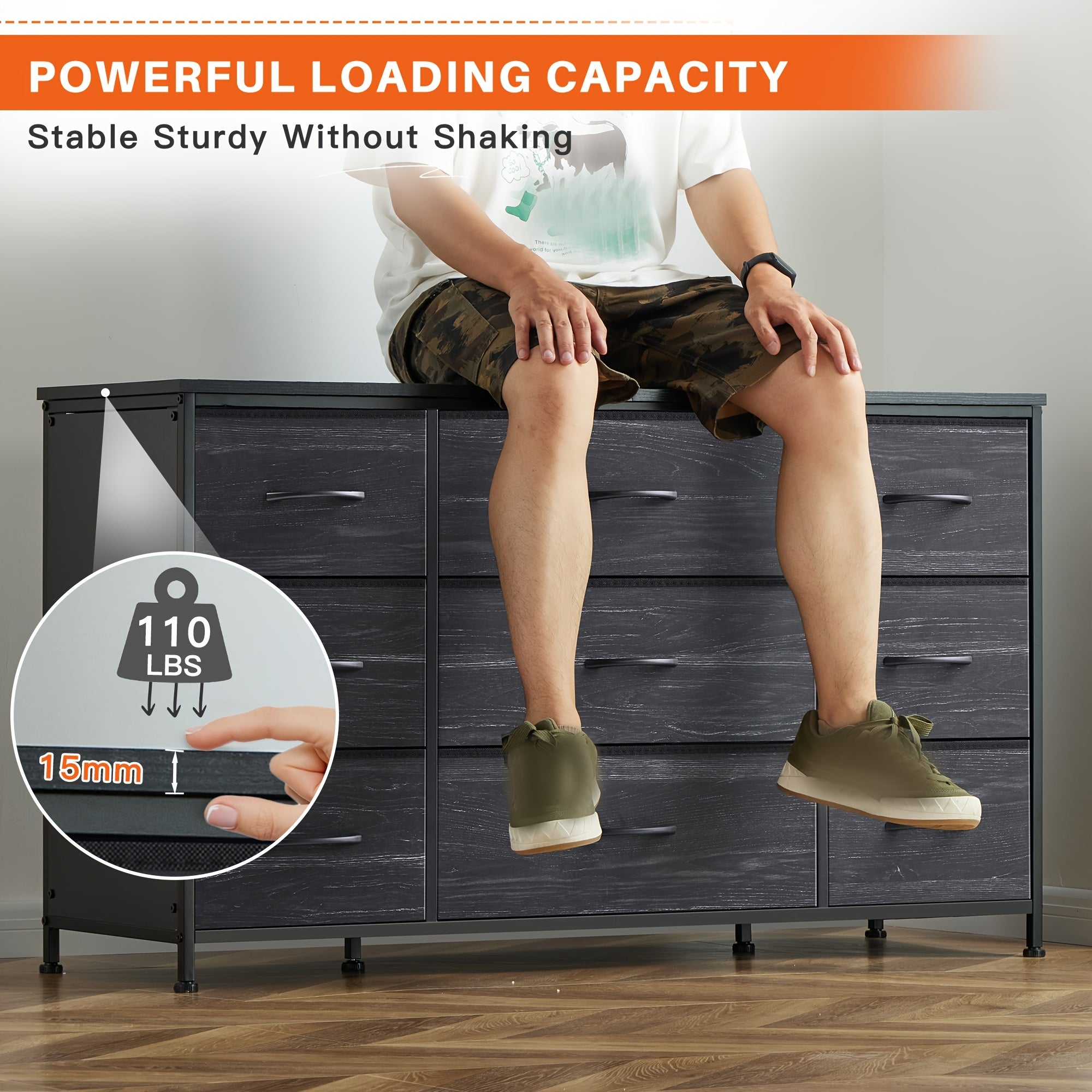 Spacious 9-Drawer Dresser TV Stand in Charcoal Black - Sleek Metal Frame & Wood Top Ideal for Bedroom or Living Room