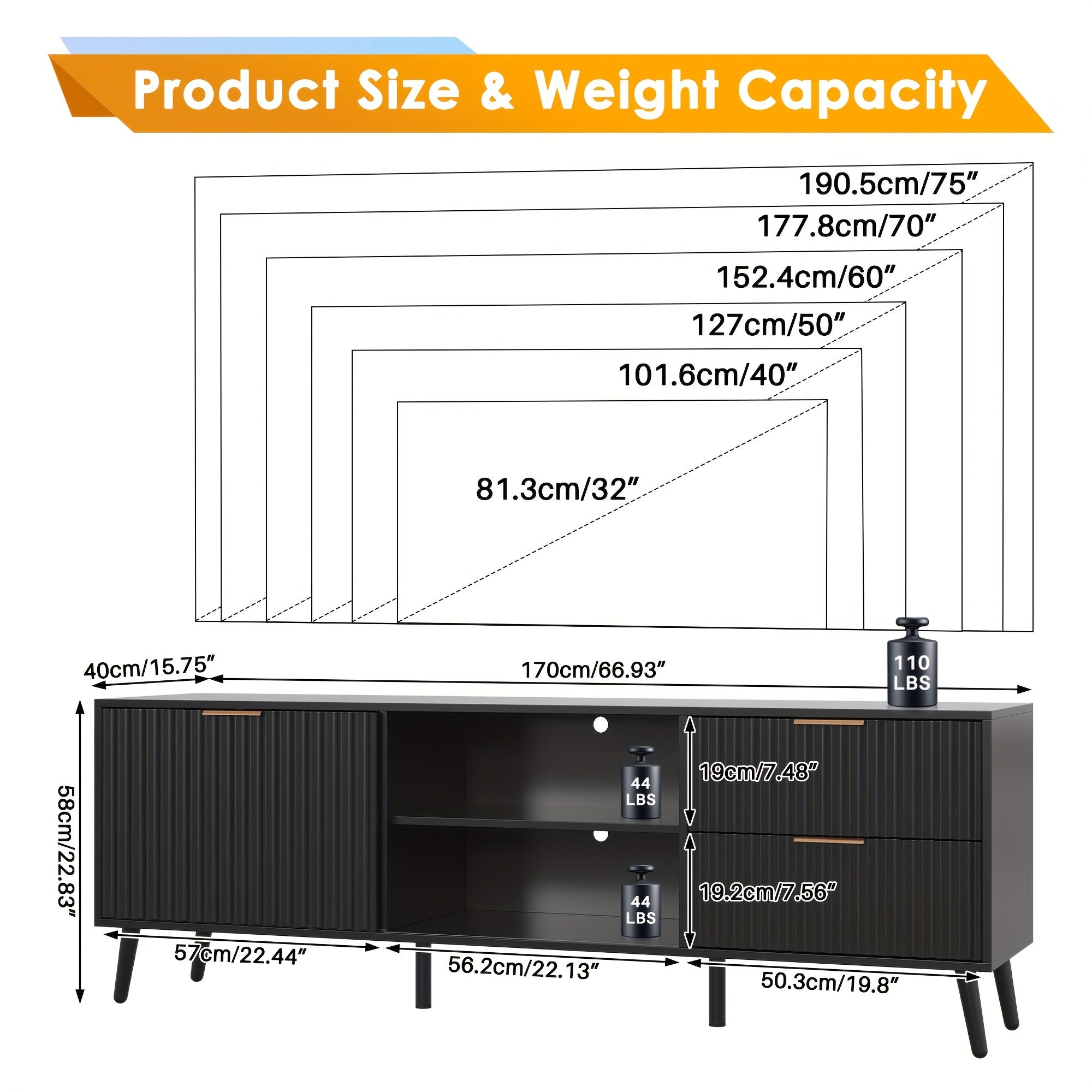 65 Inches Black TV Stands with Adjustable Shelf, Wooden Television Stands for TV up to 75 Inches, Modern Entertainment Center TV Console for Living Room, Bedroom