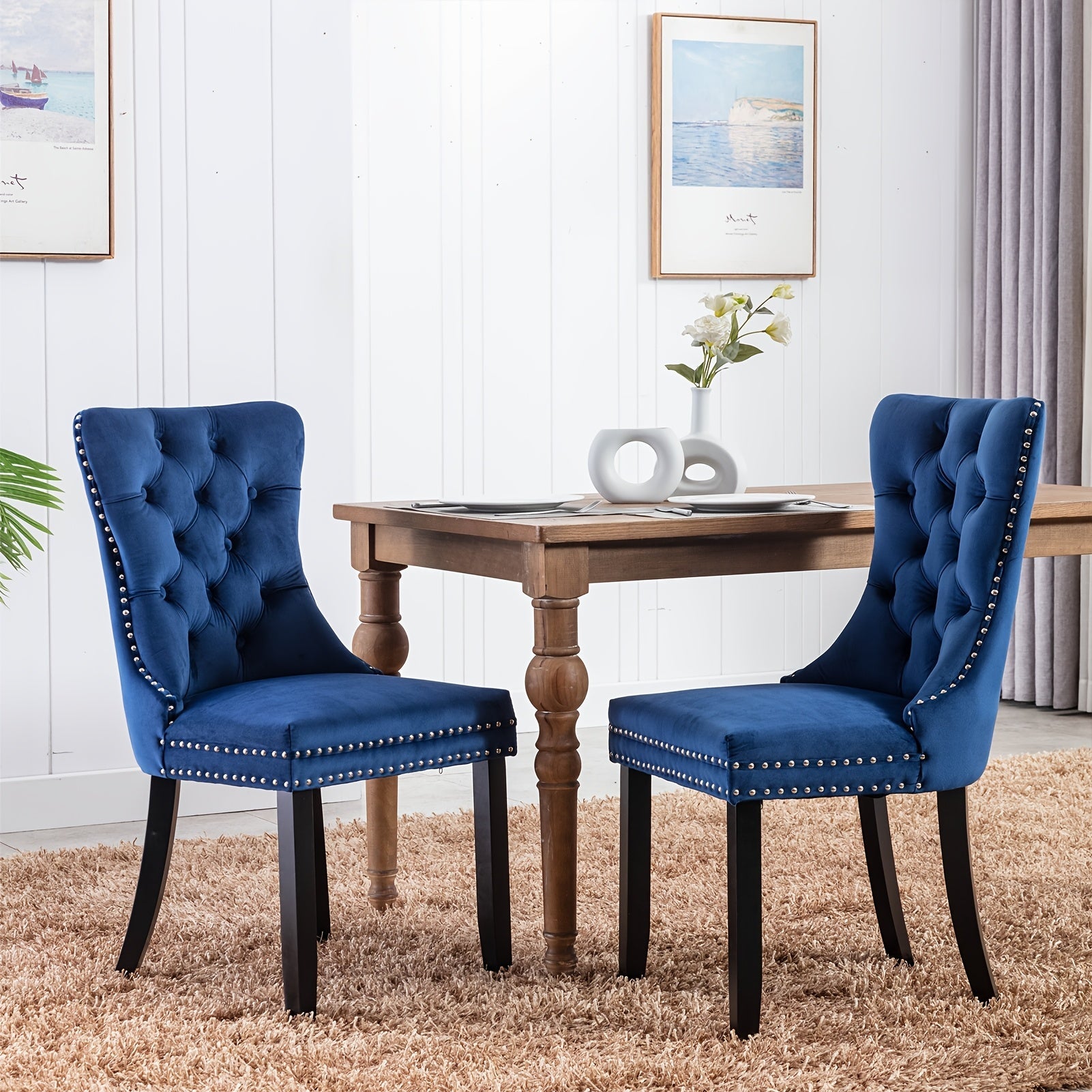 2pcs Dining Chair Set, Upholstered Dining Room Chairs with Nailhead Back Ring Pull Trim and Solid Wood Legs, Luxury Tufted Diner Chairs for Kitchen, Bedroom, Dining Room