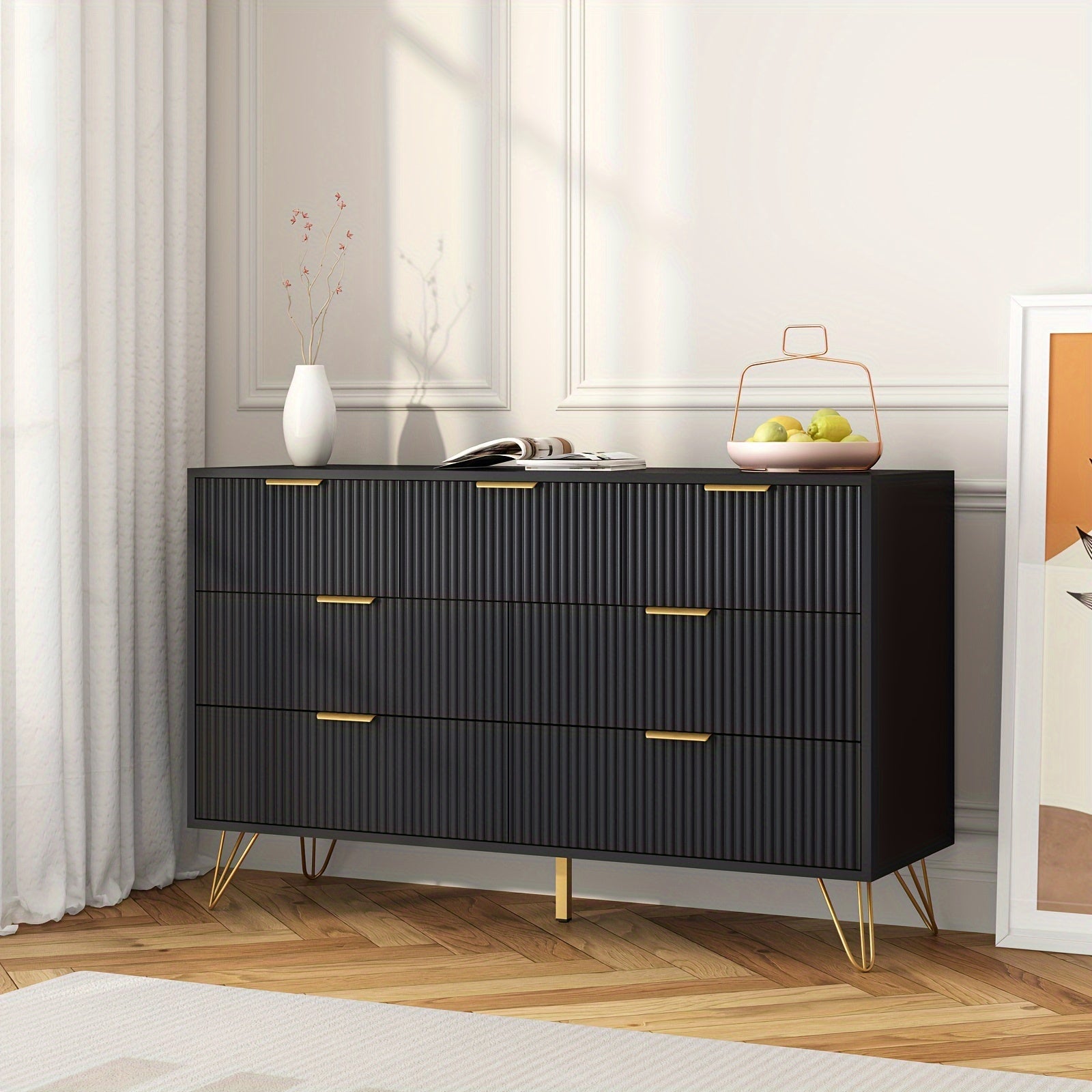 Modern Fluted Wood Dresser with Golden Handle 7 Drawers - White Storage Organizer for Bedroom Living Room Hallway