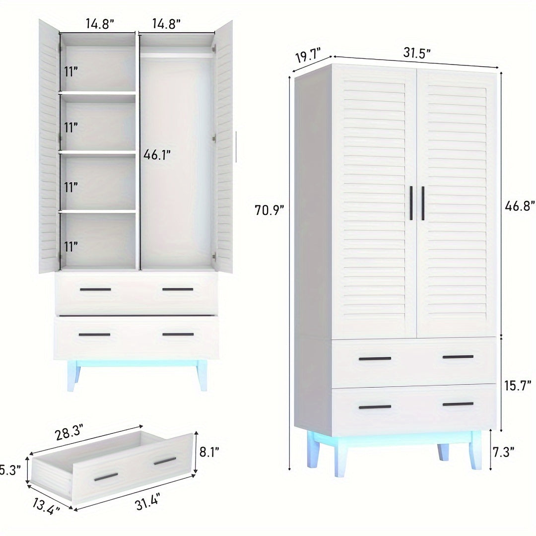 2 Door Closet Cabinet With Drawers And LED Lights, Multi-Tier Shelves, Hanging Rod & 2 Louver Doors, Large Capacity Storage Wardrobe Armoire For Bedroom, White, Black