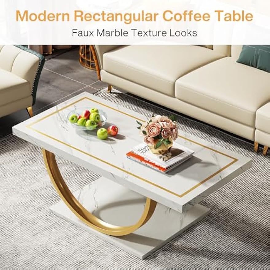 Modern Coffee Table Faux Marble White Golden Coffee Table Rectangle Coffee Table for Living Room, Engineered Wood Coffee Table with Faux Marble Veneer and Heavy Duty Metal Frame, Storage Racks for garage