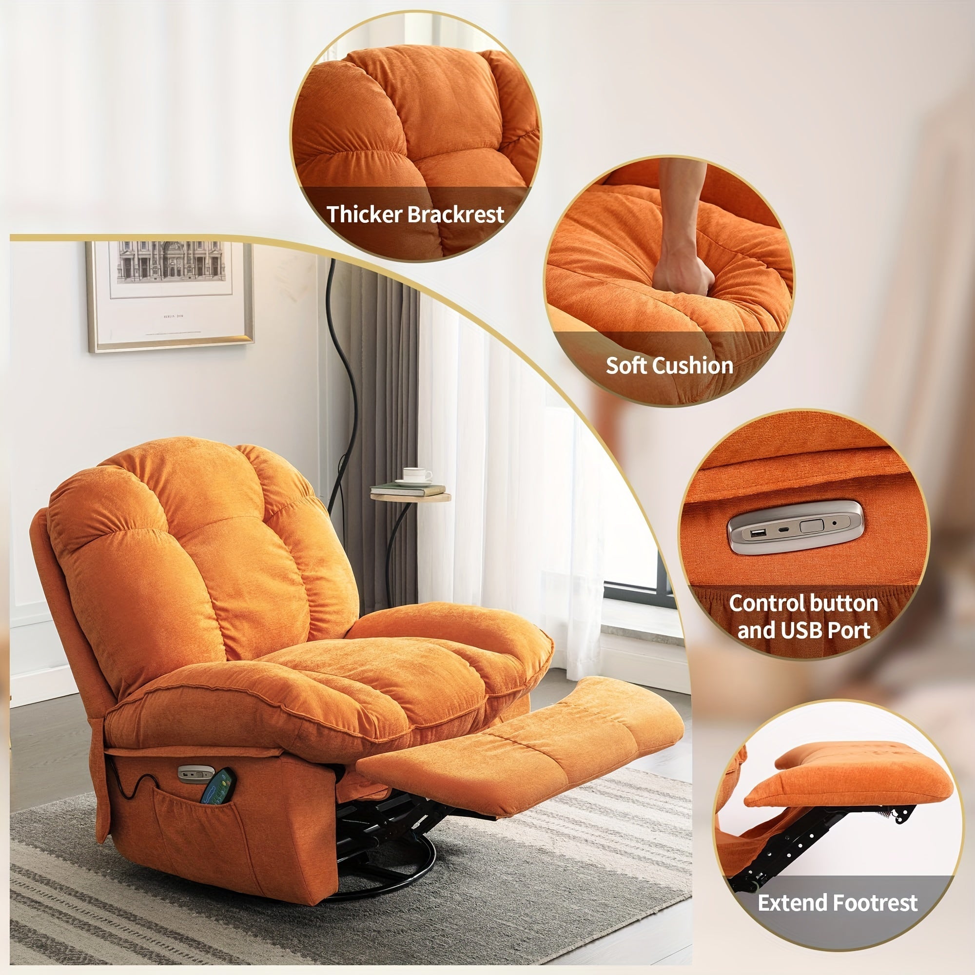 Luxury Overstuffed Swivel Recliner Chair with Vibration Massage & Heating - Modern Single Sofa Glider, Soft Fabric, Metal Frame for Living Room - Available in Orange-Red, White, Green, DYHOME