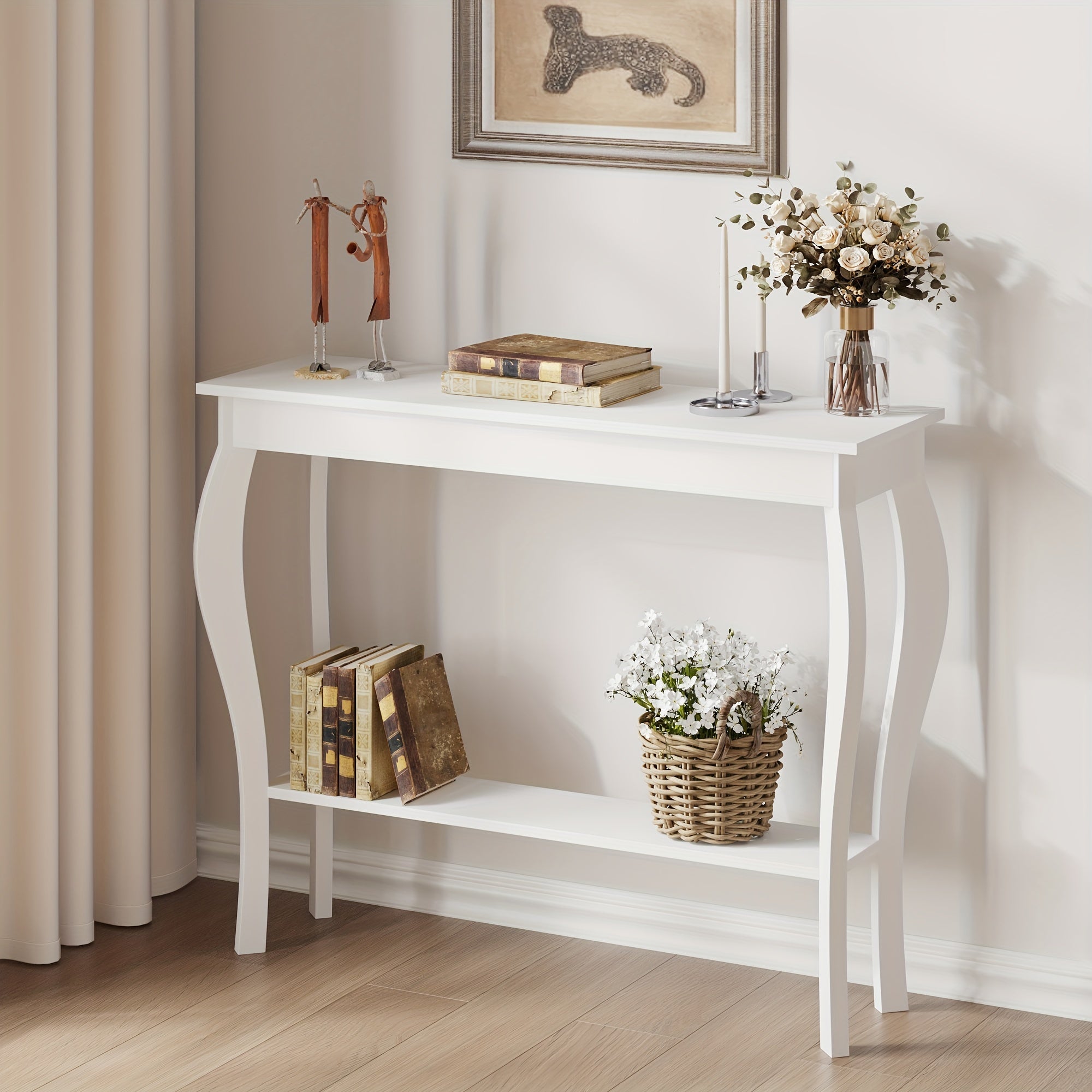 Farmhouse Console Sofa Table with S-Shape Wooden Legs, Chic Accent Narrow Console Table With Sturdy Frame And Open Shelf for Entryway, Living Room And Hallway, Space-Saving Design, Versatile and Easy to Assemble