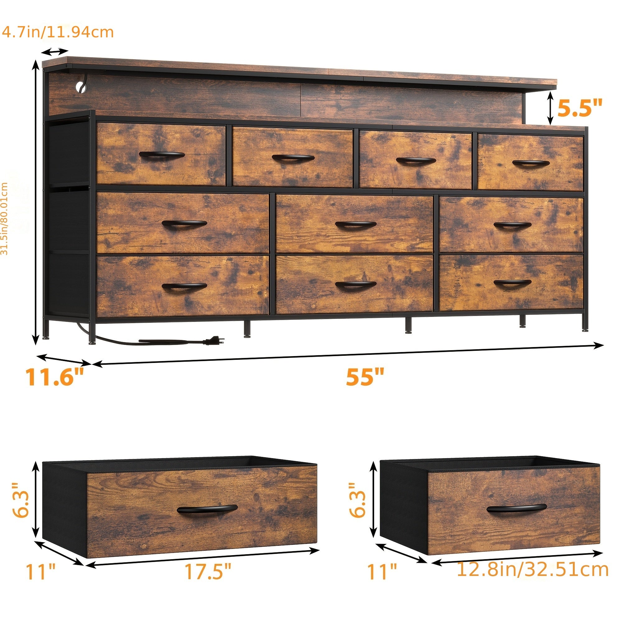 55" W Dresser for Bedroom with 10 Drawers Long Dresser with LED Lights & Power Outlets Wide Dressers & Chests Of Drawers Large Dresser for Bedroom Dresser Metal Frame, Wood Top, Rustic Brown