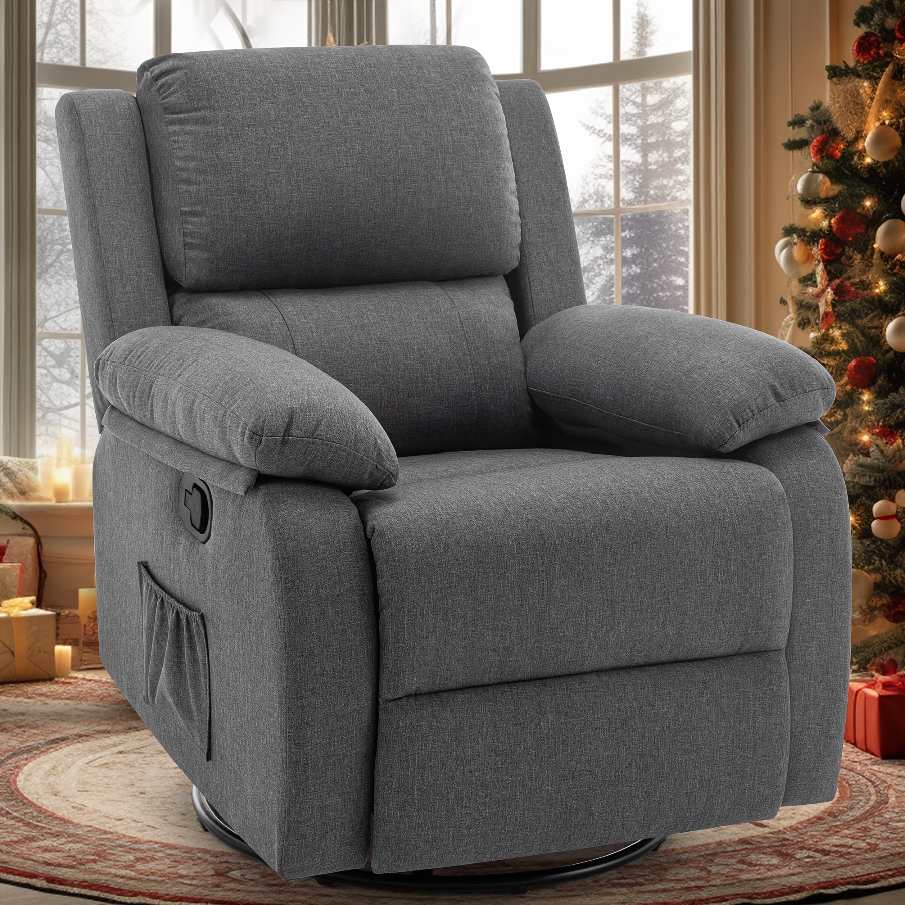 Compact 360-Swivel Recliner Chair with Side Pockets - Upholstered Fabric, Perfect for Small Spaces & Relaxation