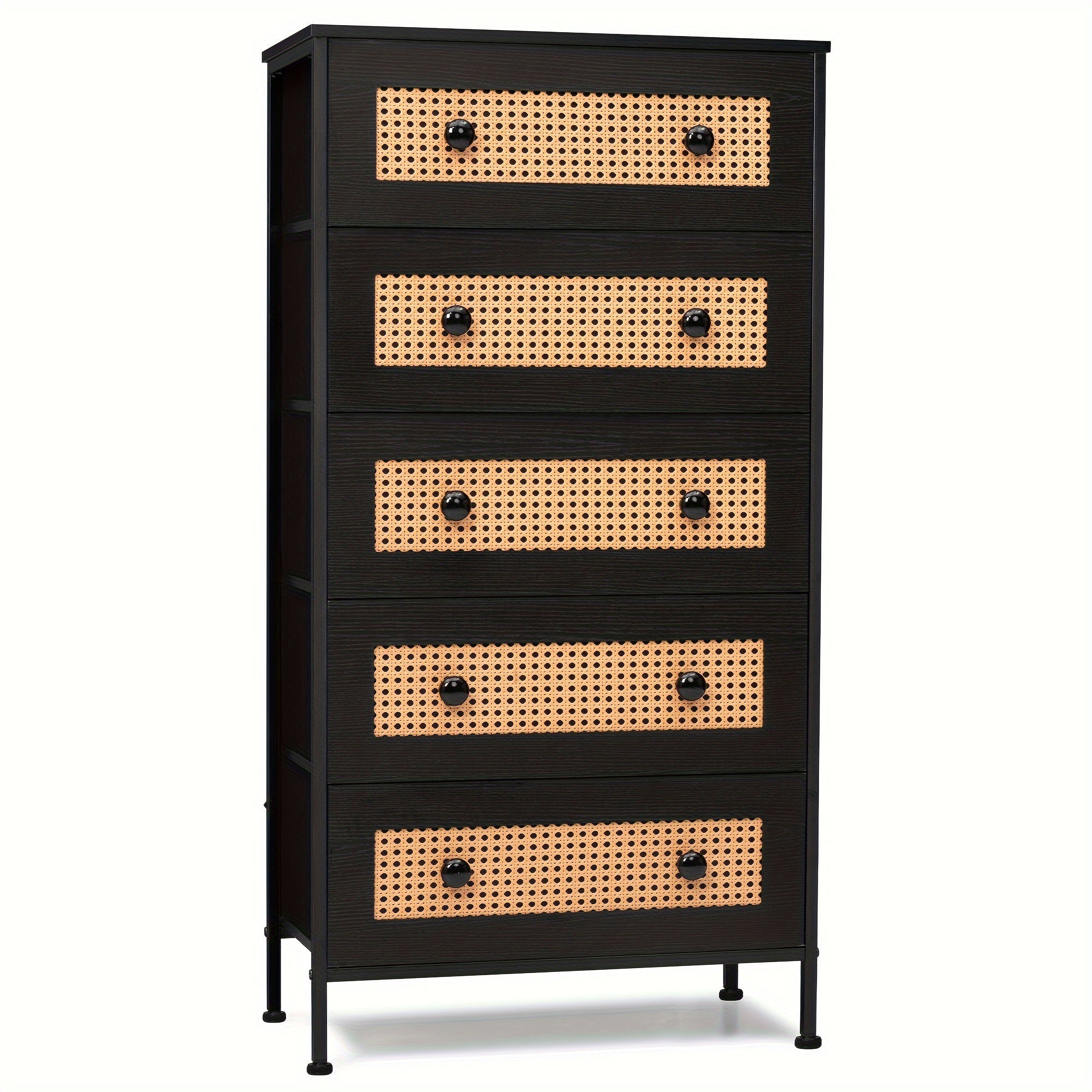 Rattan Dresser Storage Tower, Tall Fabric Dresser, Chests of Drawers, Wood Top &Wood Handles - Organizer Unit for Bedroom, Hallway, Entryway, Closets - 5 Drawers