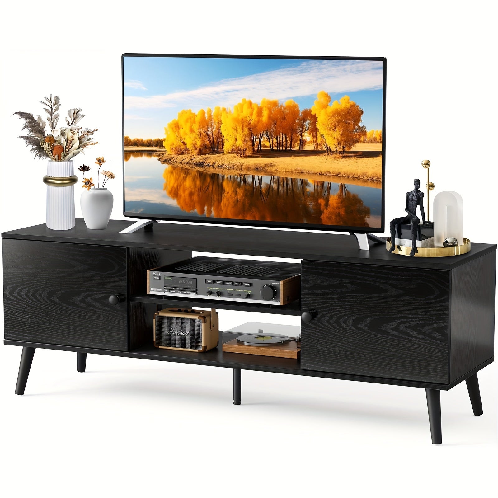 Mid-Century Modern TV Stand With Storage, Entertainment Center For 55-60 Inch TV, Media Console Table With Adjustable Shelf, Wooden TV Cabinet For Living Room, Bedroom Or Office, 2 Cabinet Television Stand