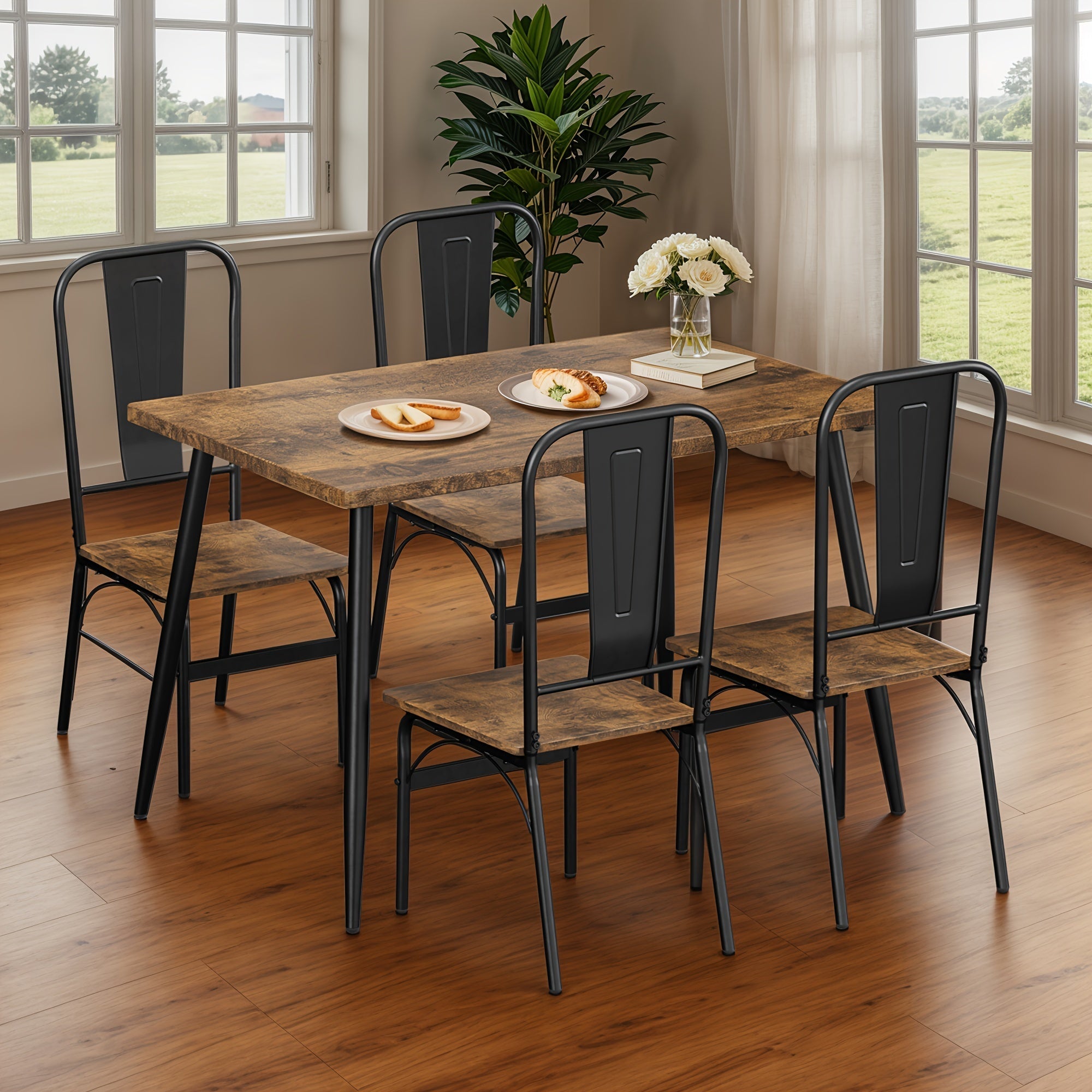 Dining Table Set for 4 with One Table and Four Chairs, Small Space Dinette for Kitchen, Dining Room, Bistro, Modern Kitchen Table Set for Small Space, Apartment