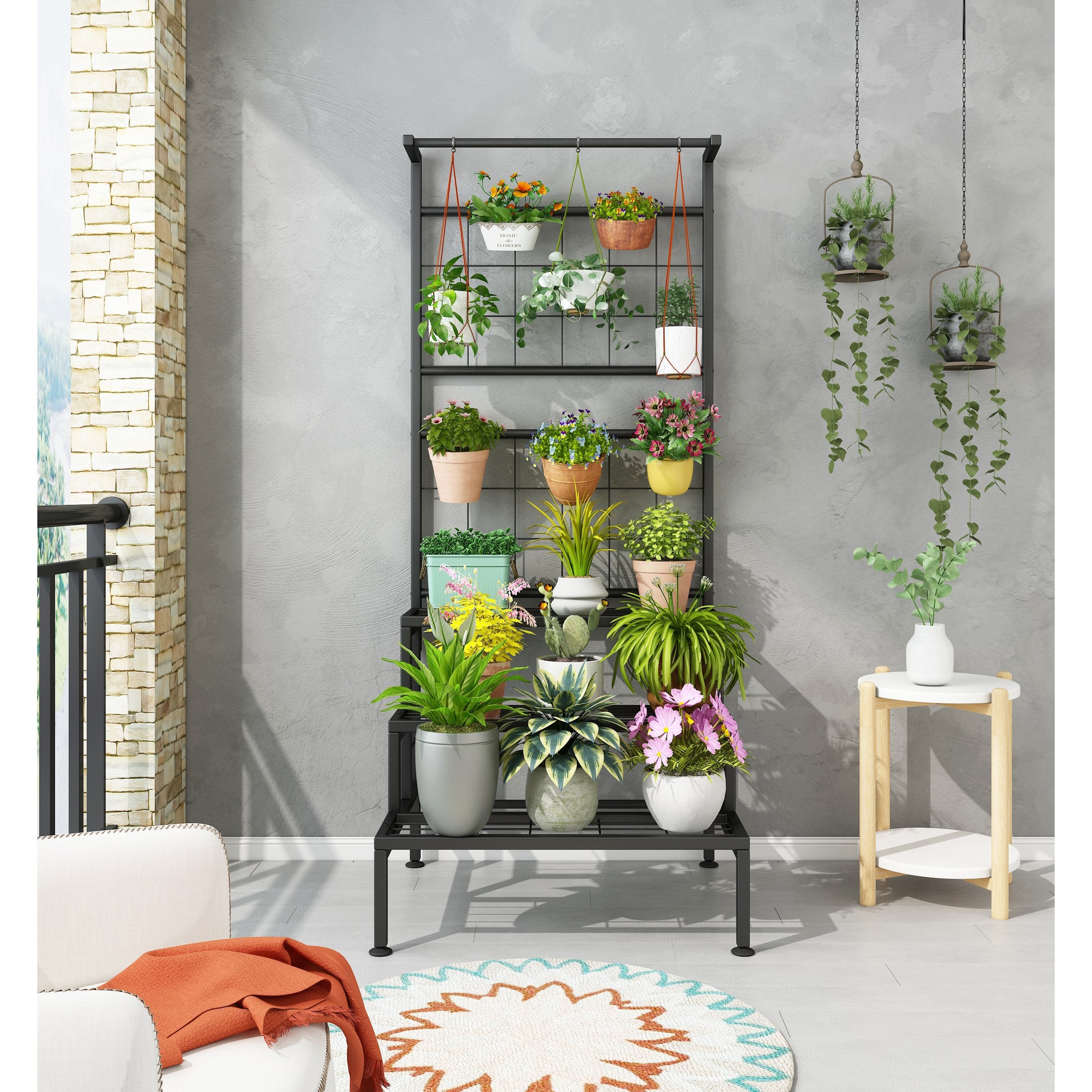 Plant Stand 3-Tier Hanging Shelves Flower Pot Organizer Multiple Flower Display Holder Indoor Outdoor Heavy Duty Potted Planter Rack Unit with Grid Panel for Living Room