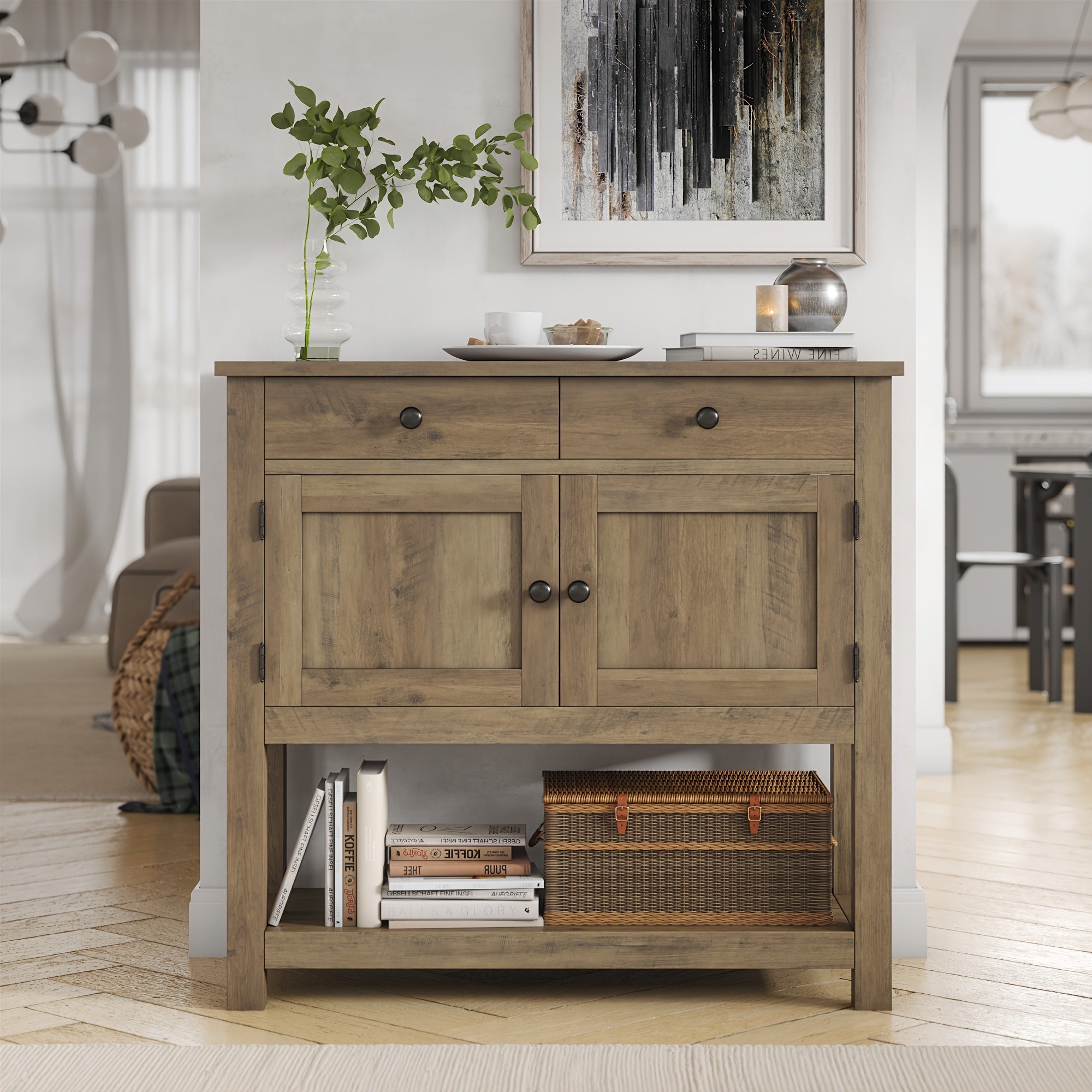 Farmhouse Console Table with 2-Door Cabinet & 2 Drawers, Coffee Bar, Entryway Table with Storage Shelf, Sofa Table Buffet Sideboard for Kitchen, Hallway, Entry Way, Dining, Living Room, Ash Gray, Rustic Brown, White +