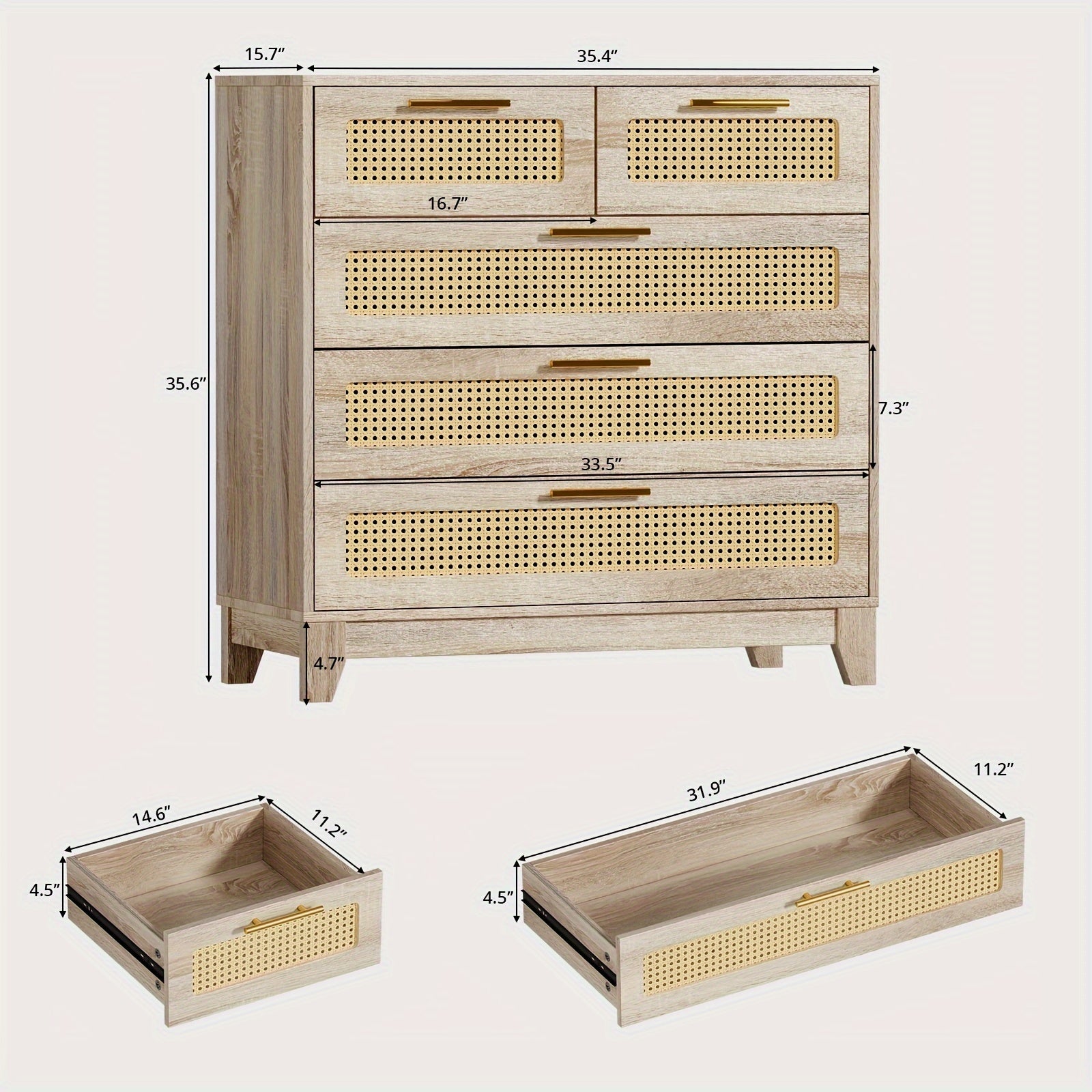 35.6" Rattan Storage Sideboard Cabinet With 5 Drawers