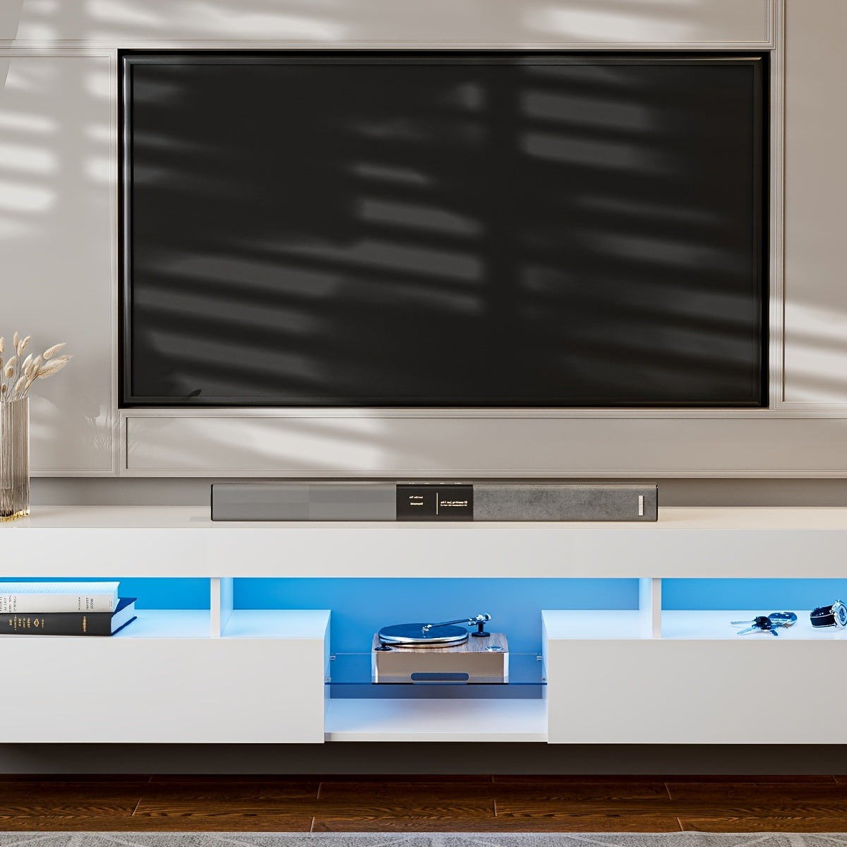 LED Floating TV Stand for 85 + Inch TV Black High Glossy Wall Mounted Haning TV Stand with 2 Cabinets Modern Floating