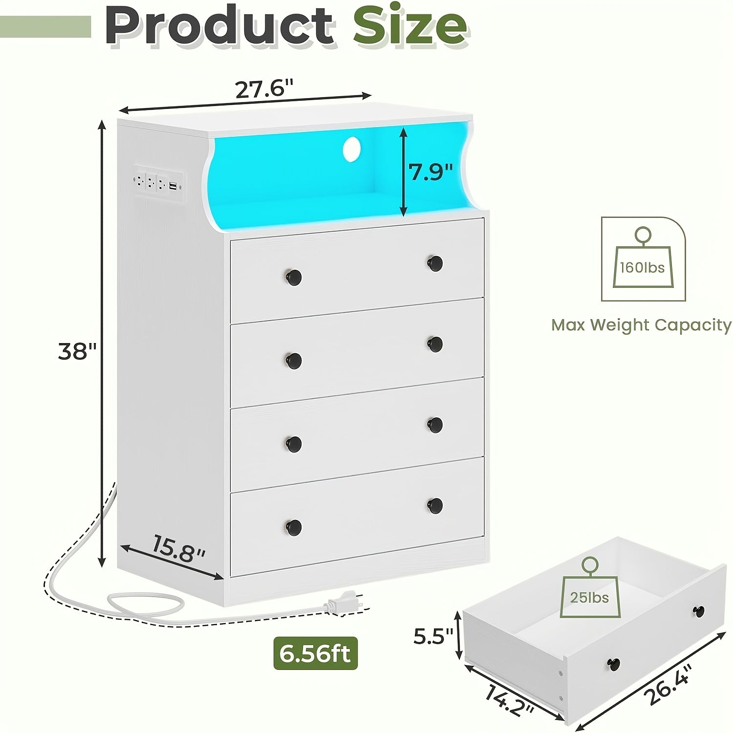LED Dresser with 4 Large Drawers and Open Space Large Capacity Tall Storage Cabinet. - White - Dresser Westberry