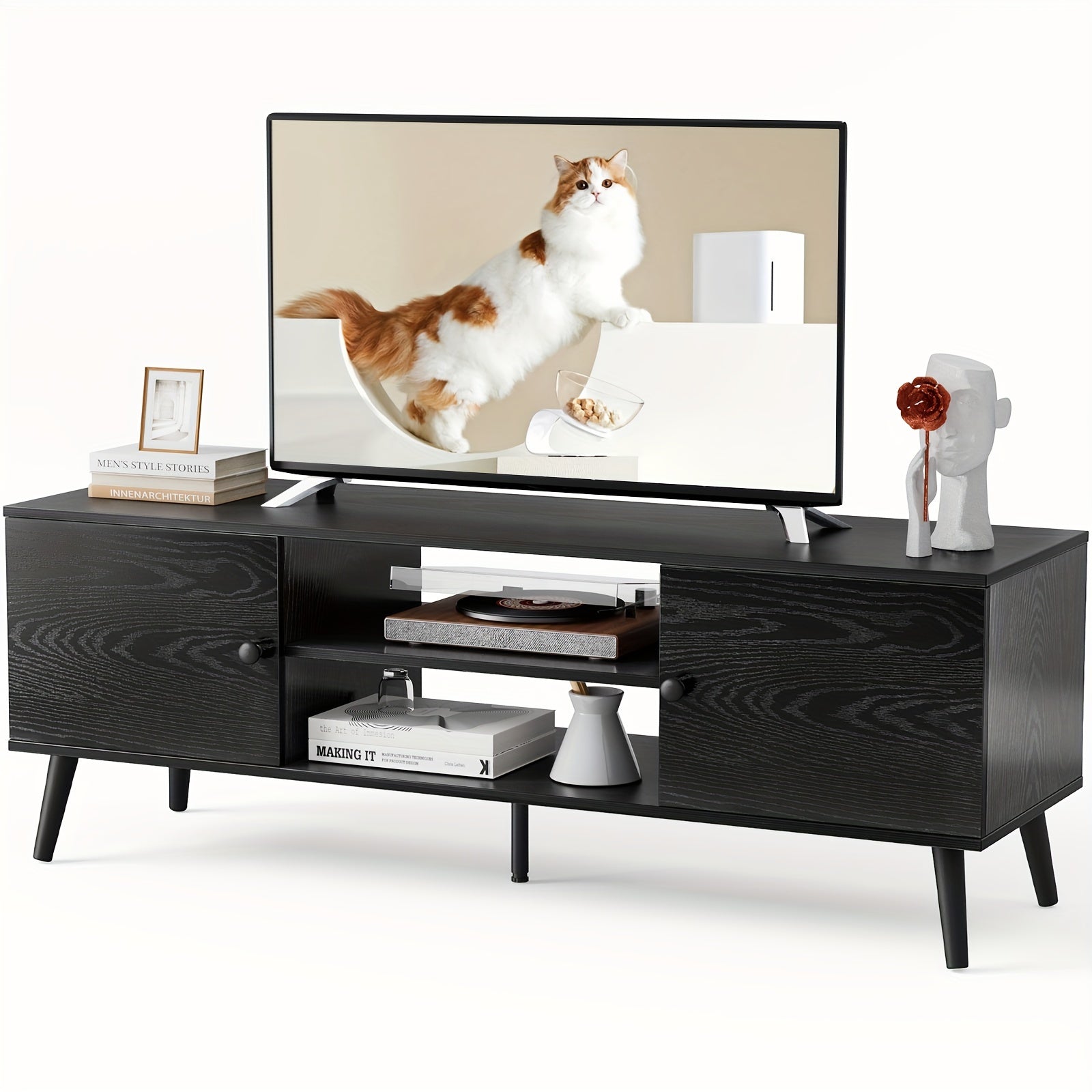 TV Stand for 55 60 inch Television, Entertainment Center with Storage, 2 Cabinet Media Console Table, Soft Hinge Door with Handle, Wood Feet, Office Furniture