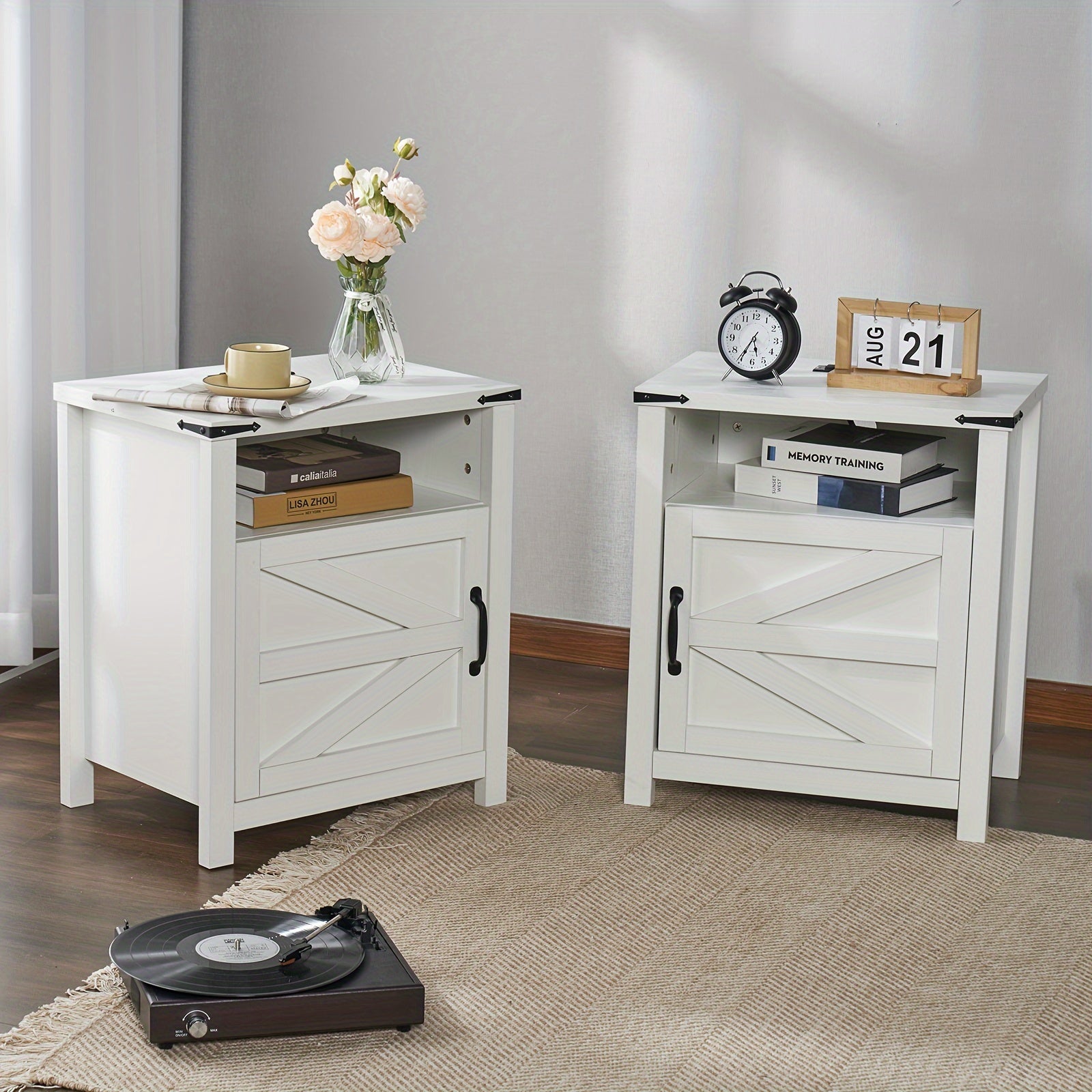 Farmhouse End Table With Charging Station, 21'' Rustic Nightstand With Barn Door, And Open/Closed Storage, Set Of 2 For Living Room Or Bedroom.