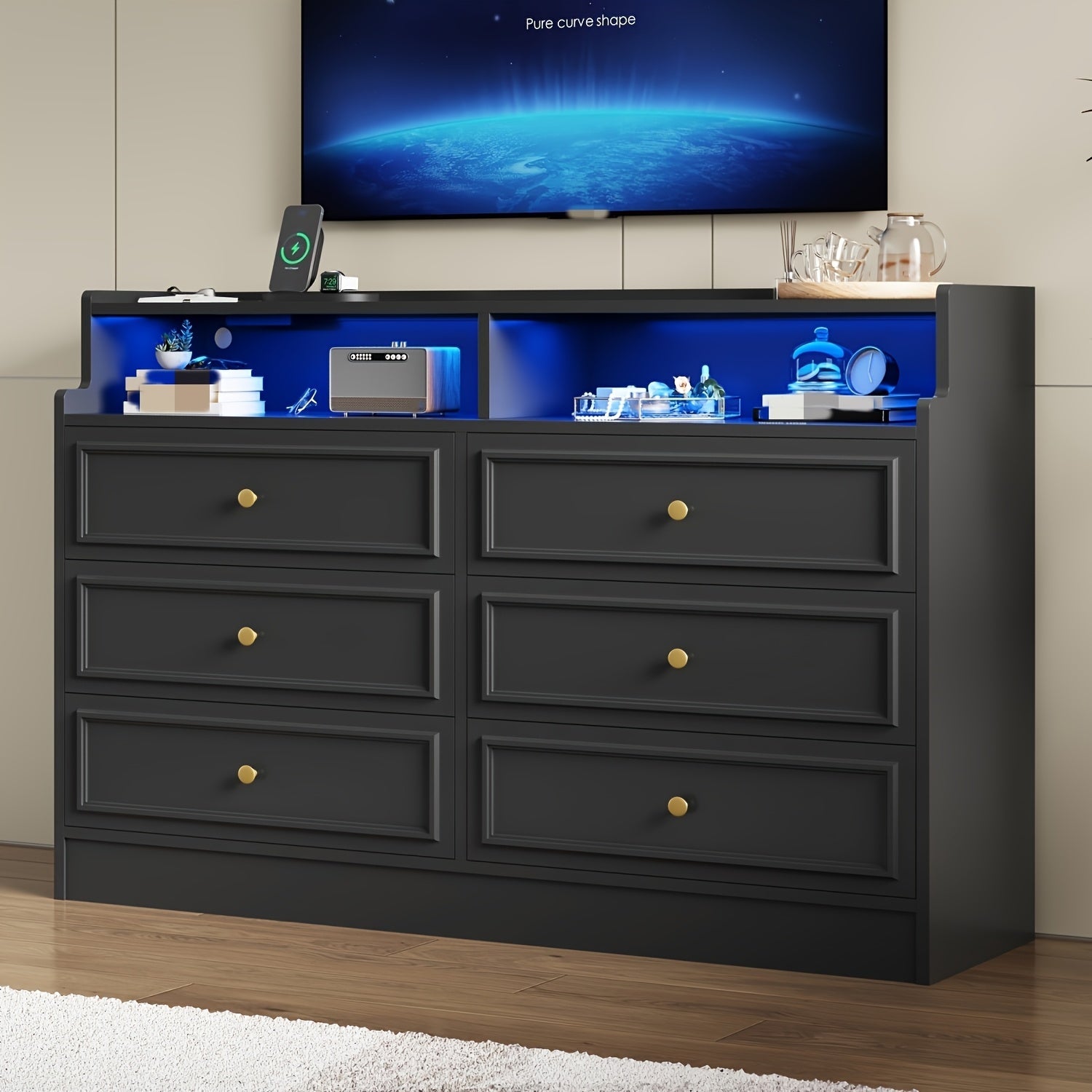 Modern Black LED Dresser with Charging Station - 5-Drawer Storage Cabinet with Customizable Blue Lighting, Large Compartments for Bedroom & Living Room Decor, Dresser for Bedroom