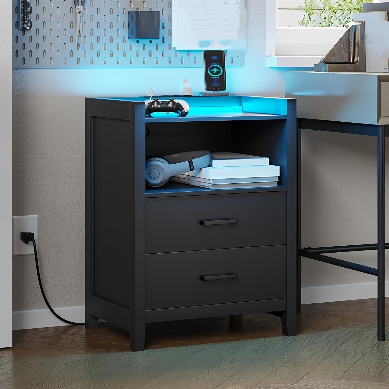 Nightstands for Bedroom, Black Night Stand Bedside Table with 2 Drawers&Open Storage for Living Room