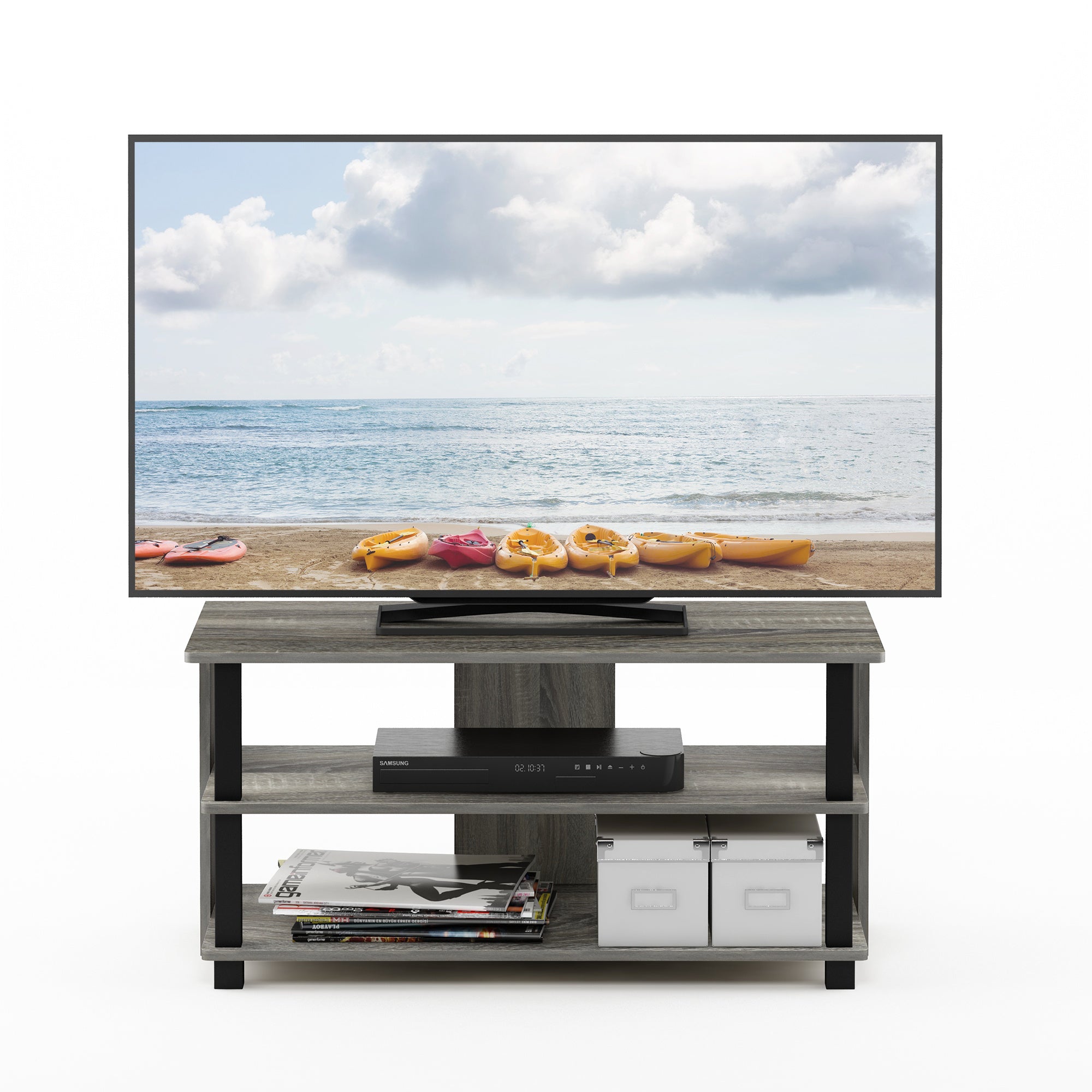 Modern 3-Tier TV Stand for Up to 40" TVs, Freestanding Wooden Media Shelf with Risers, Contemporary Style, Under 27" High