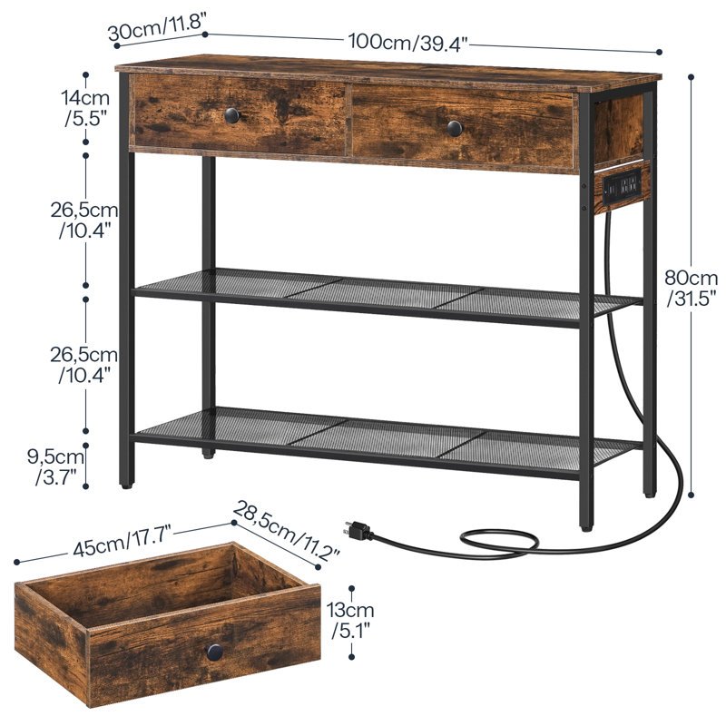 39.4 Inch Narrow Console Table, 2 Drawer Console Table, Entry Table with Charging Station, Small Entry Table, with Storage Rack, Thin Sofa Table, Side Table, Suitable for Living Room, Corridor