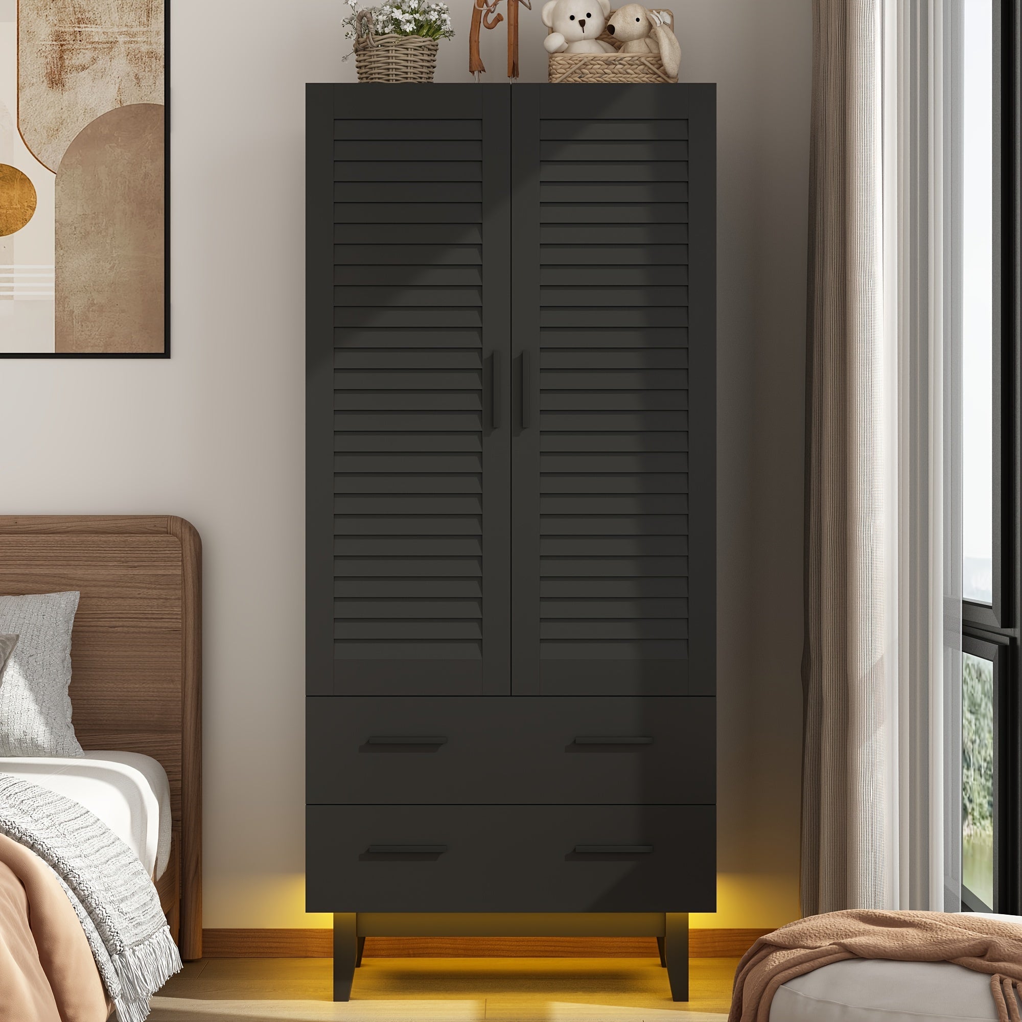 2 Door LED Wardrobe Closet Cabinet With Drawers, Multi-Tier Shelves, Hanging Rod & 2 Louver Doors, Large Capacity Storage Wardrobe Armoire For Bedroom