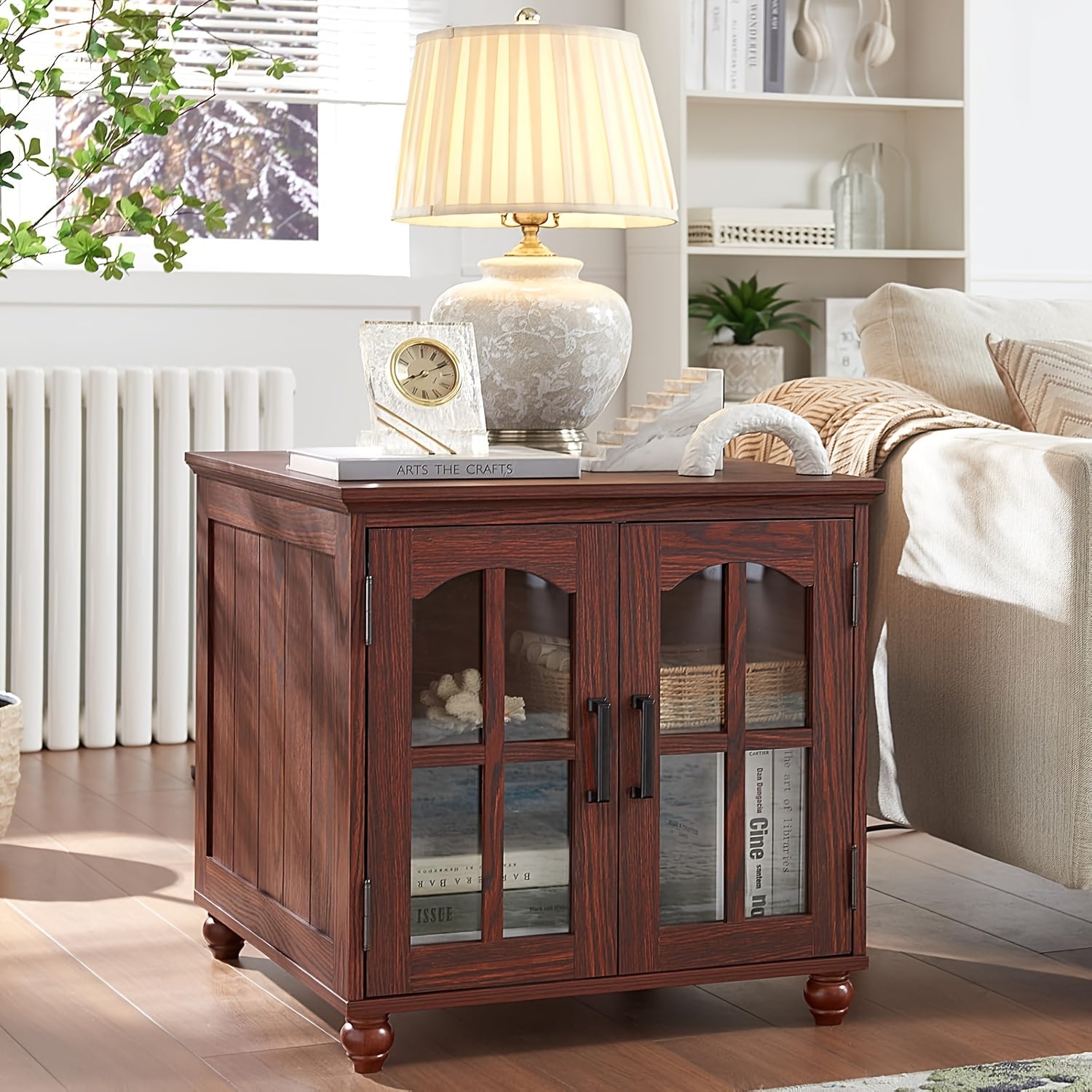 English Style Nightstand with Charging Station, Rustic Wooden End Table, Mixed Color Hardwood & Wood-Based Panel Construction, with Glass Barn Doors and Adjustable Shelf, for Living Room, Bedroom, Office