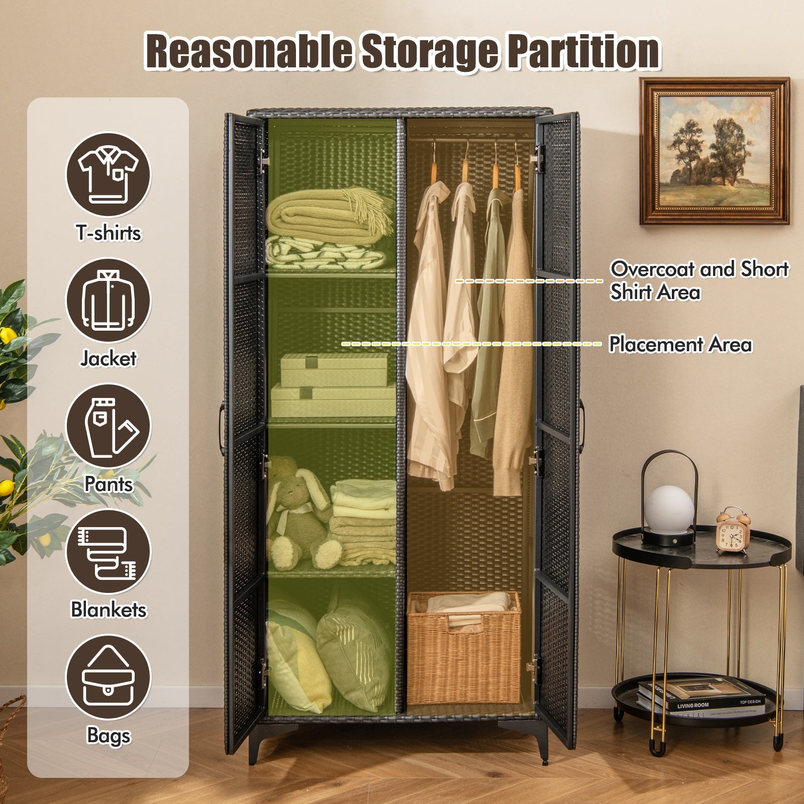 Wicker Wardrobe with 2 Doors, 62" PE Rattan Wardrobe Armoire Closet w/ Hanging Rod & 4 Storage Cubes, Clothes Organizer for Bedroom, Storage Cabinet for Home, Patio, Garage, Black/Mix Brown