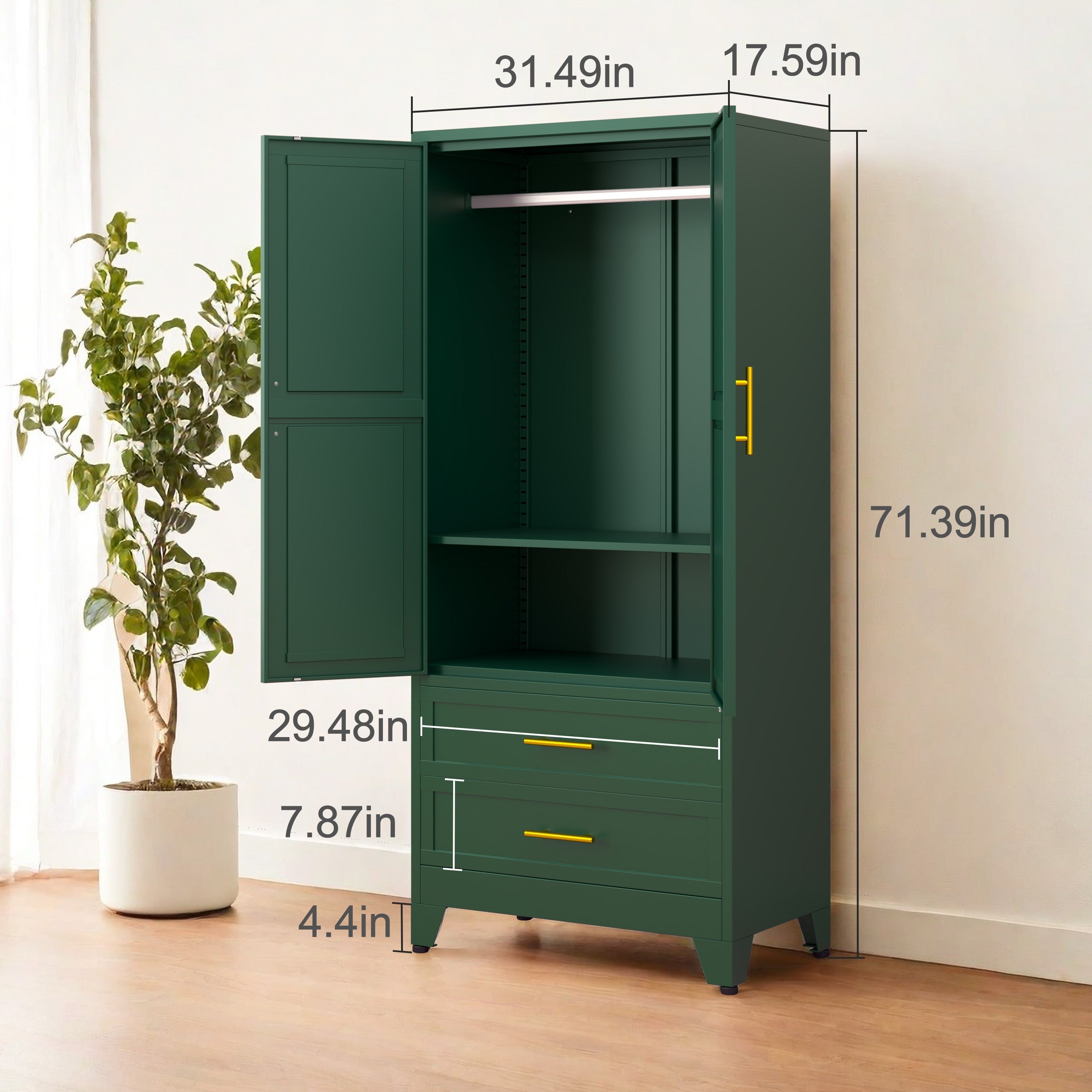 71.39"H Metal Storage Sideboard Armoire Wardrobe Closet with 2 Drawers, Adjustable Shelve, Clothes Drying Pole, Steel Wardrobe Cabinet for Home