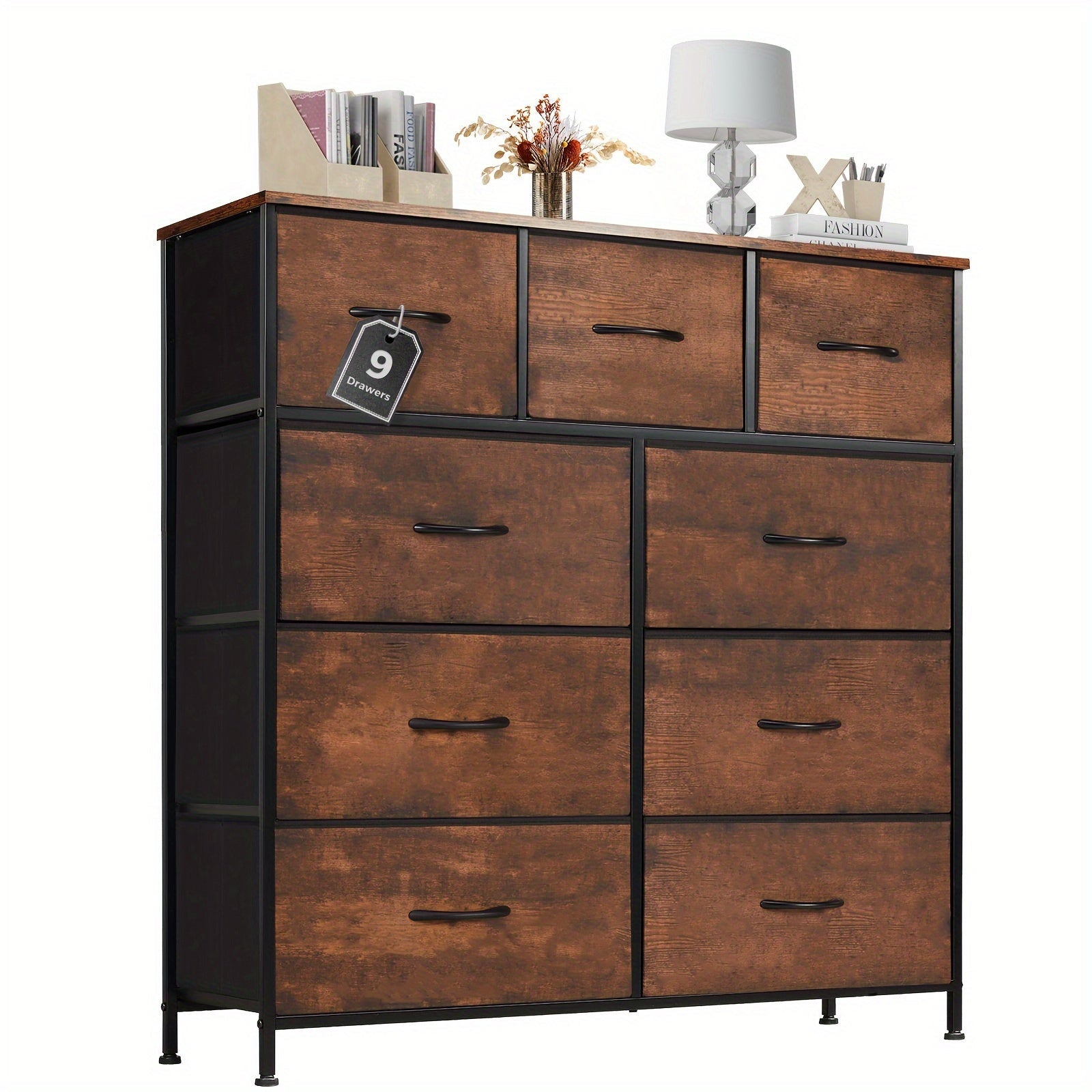 Dresser for Bedroom with 9 Drawers, Wide Chest of Drawers, Fabric Dresser, Storage Organizer Unit with Fabric Bins for Closet, Living Room, Hallway