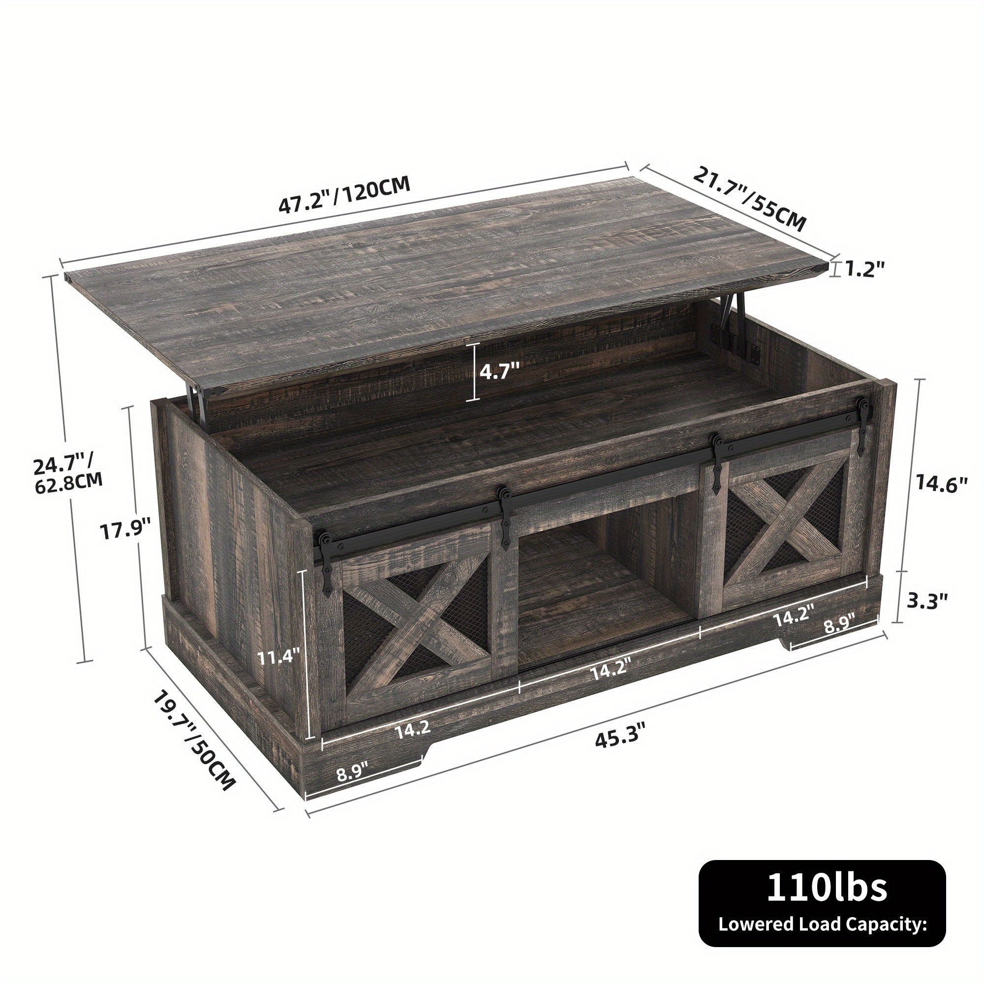 Rustic Oak Center Table with Lift- Top and Storage for Cozy Living Space Thanksgiving Christmas Day Gift - Black