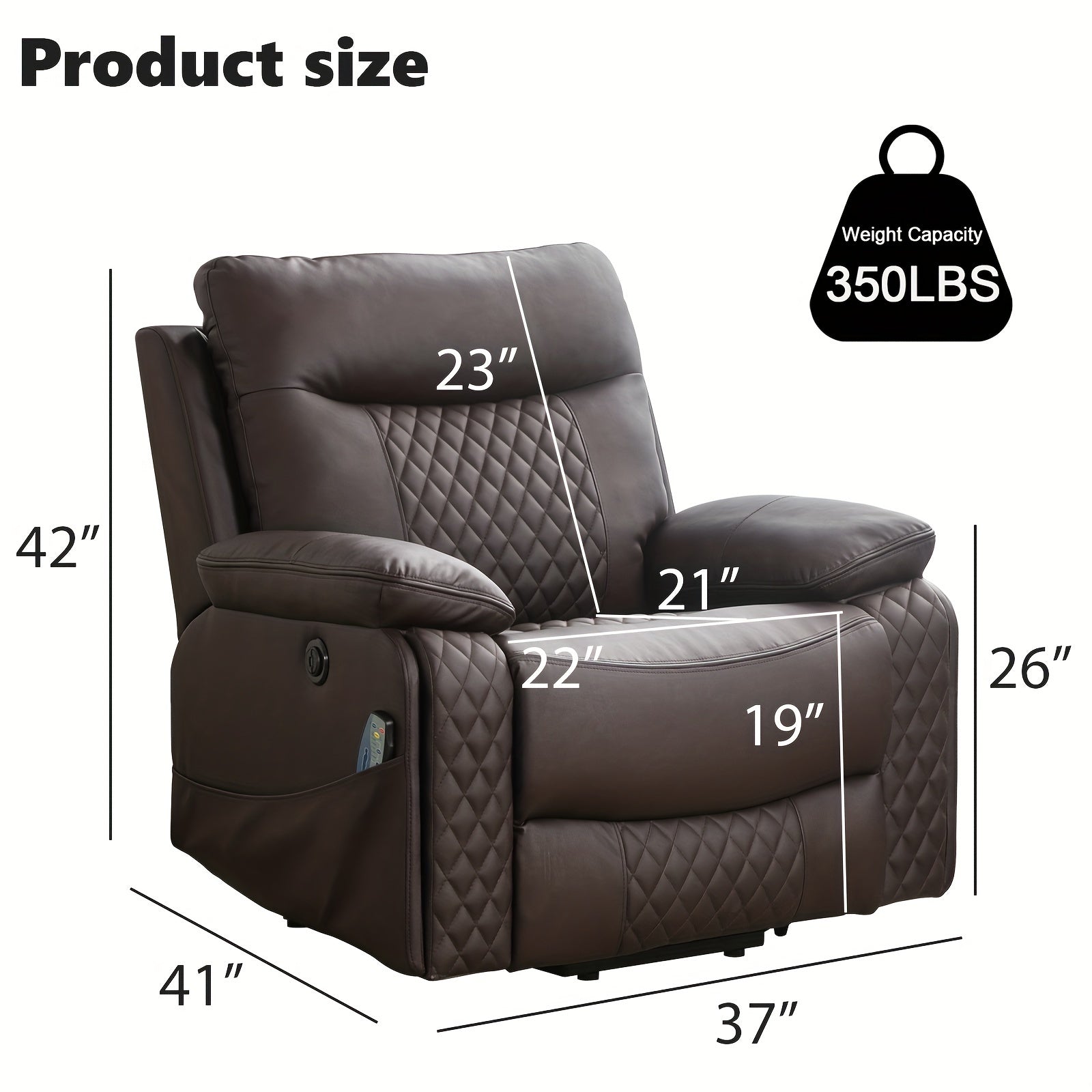 Modern Diamond Fabric Design Power Reclining Heated Massage Chair With USB And Dual Hidden Cup Holders, Large Comfortable Soft Functional Seat